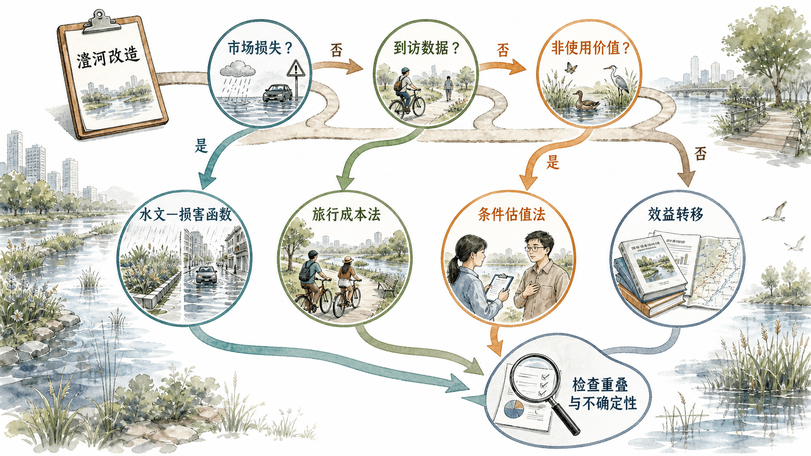 从市场损失、到访数据和非使用价值判断出发选择评估方法,并检查重叠与不确定性的手绘流程图