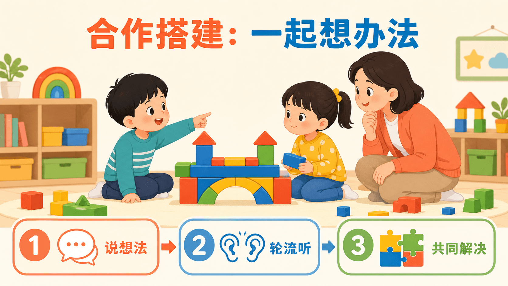 儿童围绕积木作品协商分工的合作流程信息图