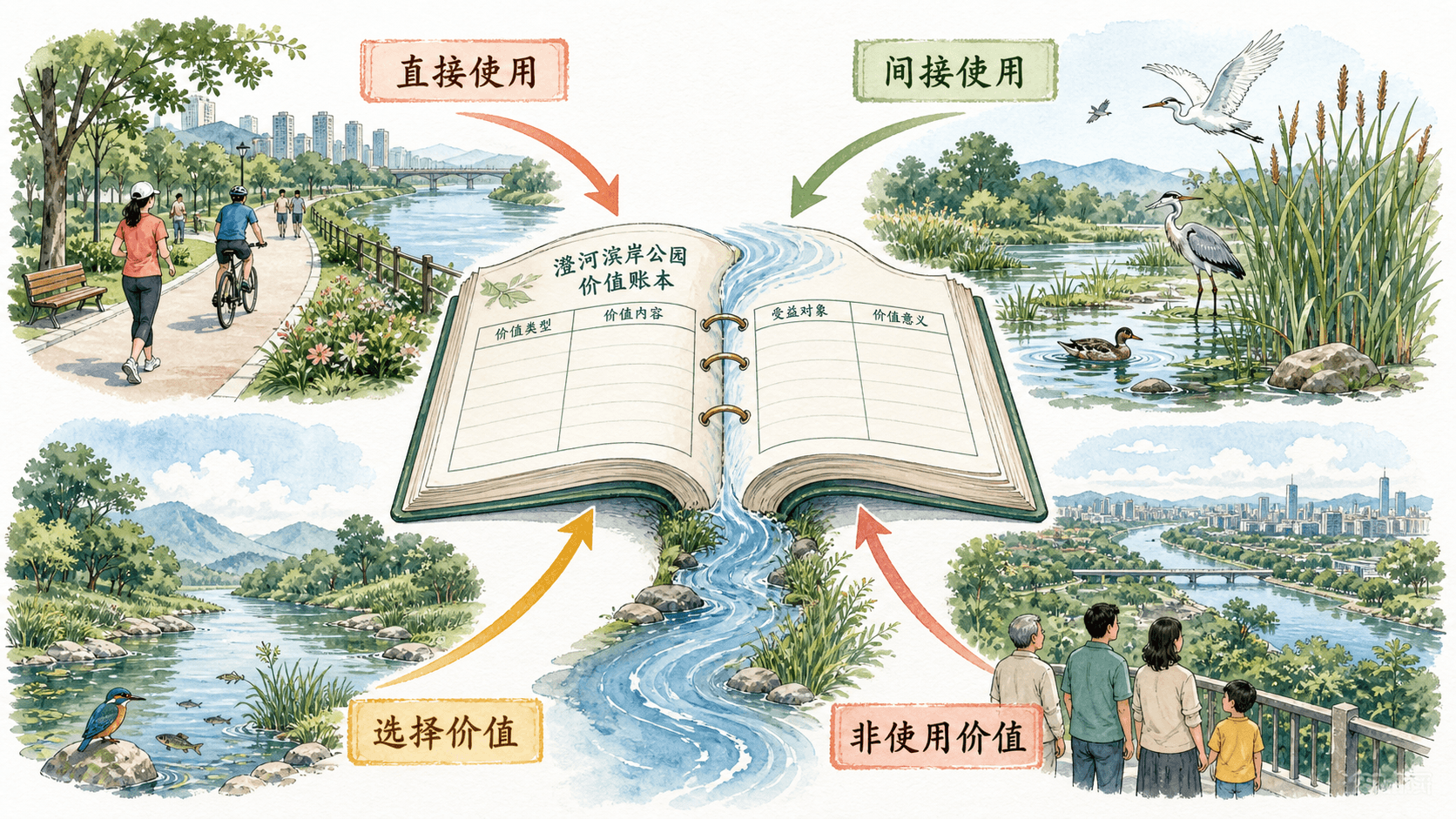 澄河滨岸公园价值账本,分示直接使用、间接使用、选择价值和非使用价值的手绘图