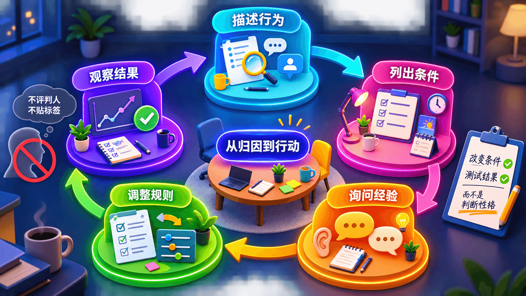 从描述行为到调整规则的五步复盘循环,适用于团队与家庭