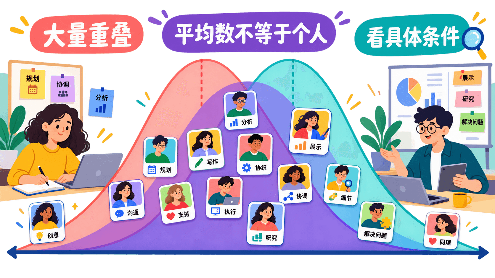 两组能力分布高度重叠,平均差异不能用来预测具体个人