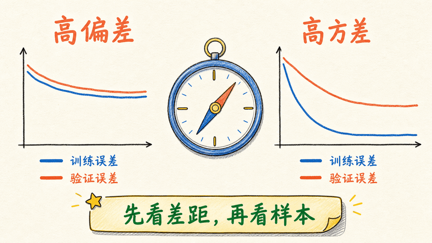 通过训练误差、验证误差和两者差距识别高偏差与高方差线索