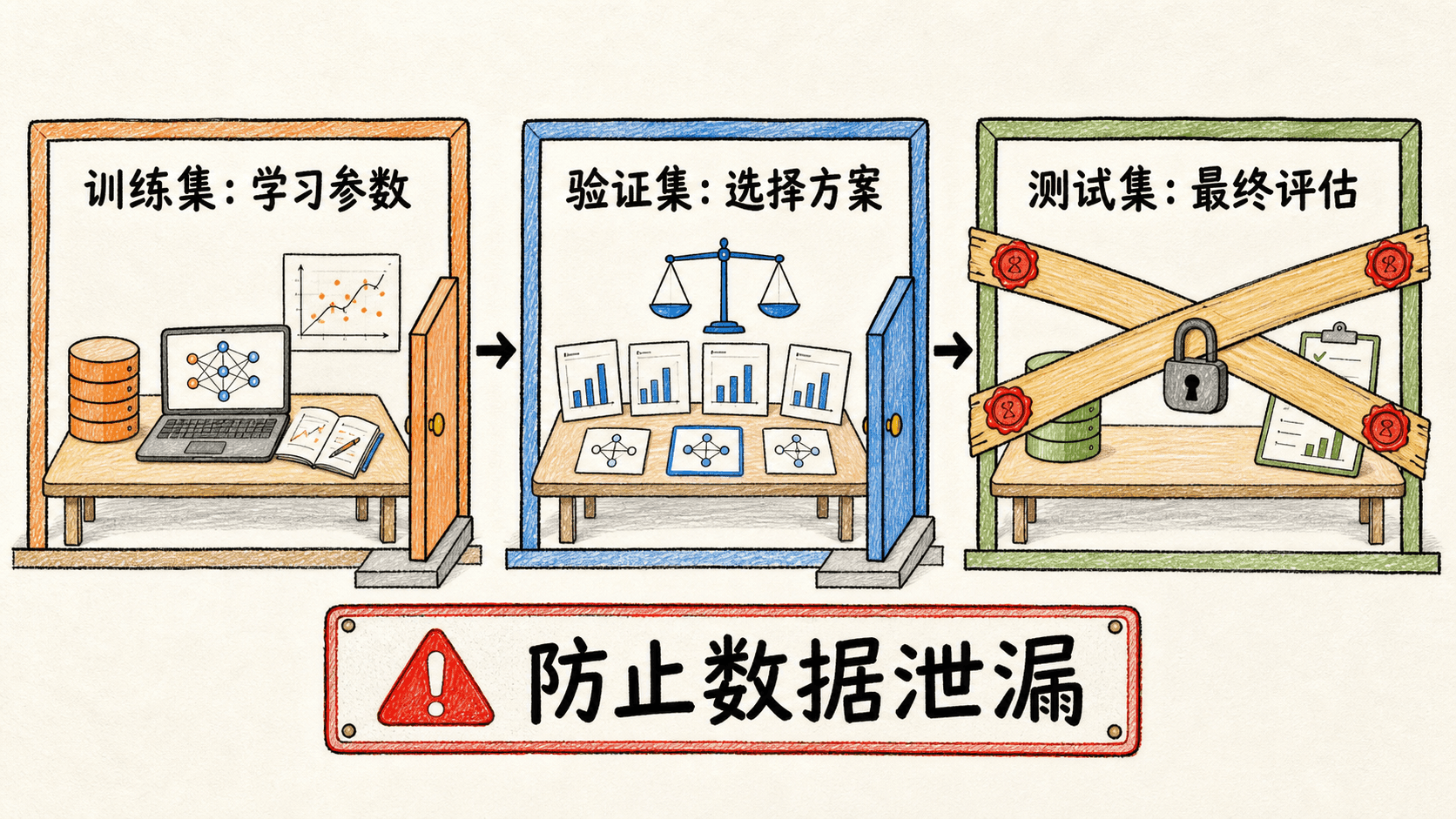 训练集、验证集和测试集的职责边界与数据泄漏警示