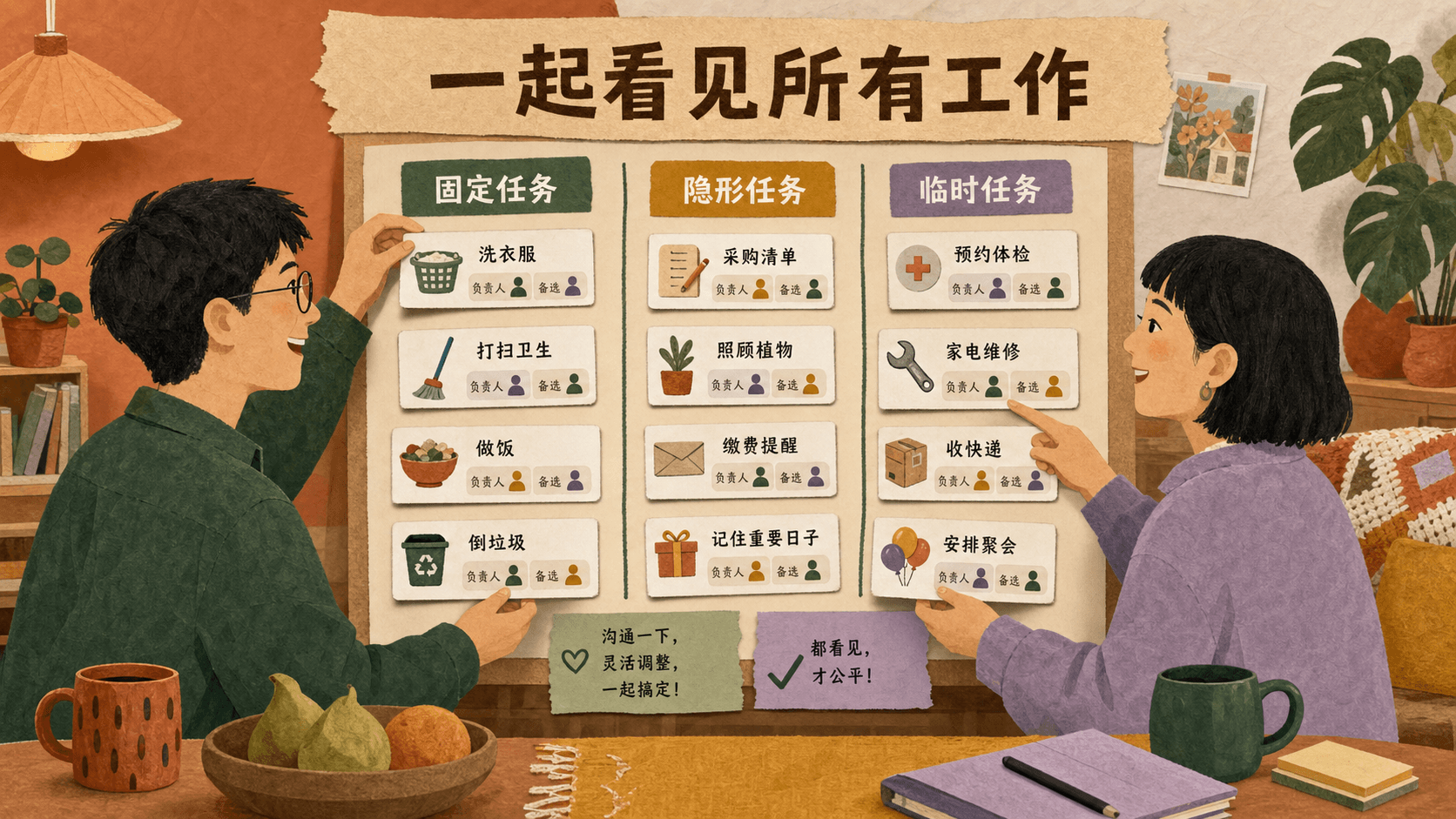 伴侣用家庭任务看板协商固定任务、隐形任务与临时任务