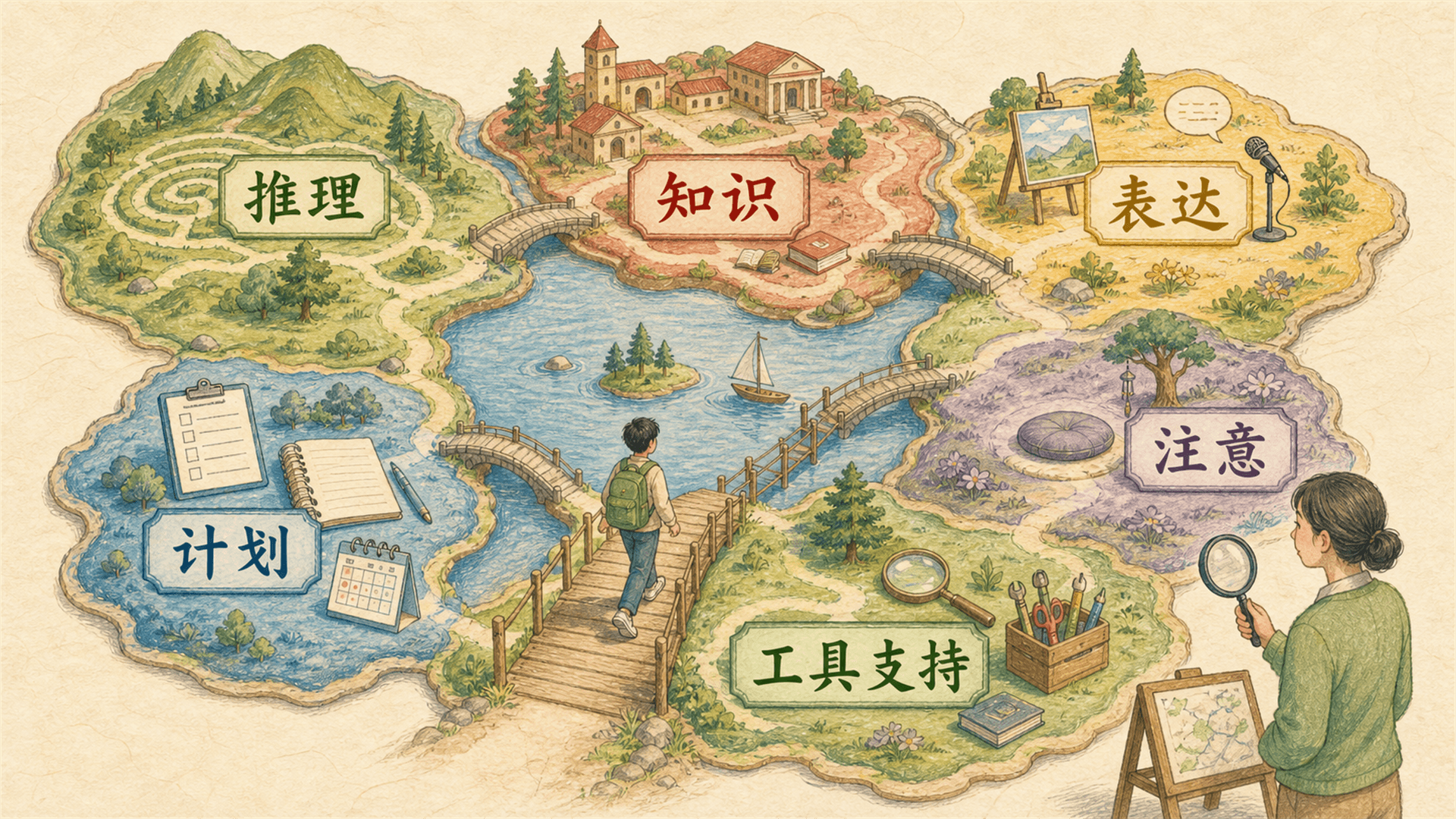 学习能力是一张不均匀的地图:推理、知识、表达、计划、注意与工具支持彼此关联