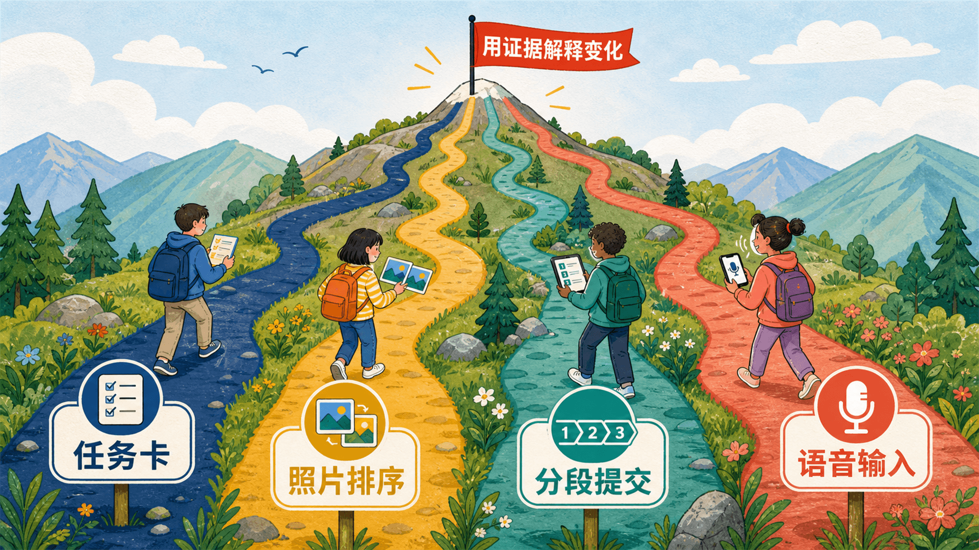 共同目标不变,通过任务卡、照片排序、分段提交和语音输入提供多条可进入的路径