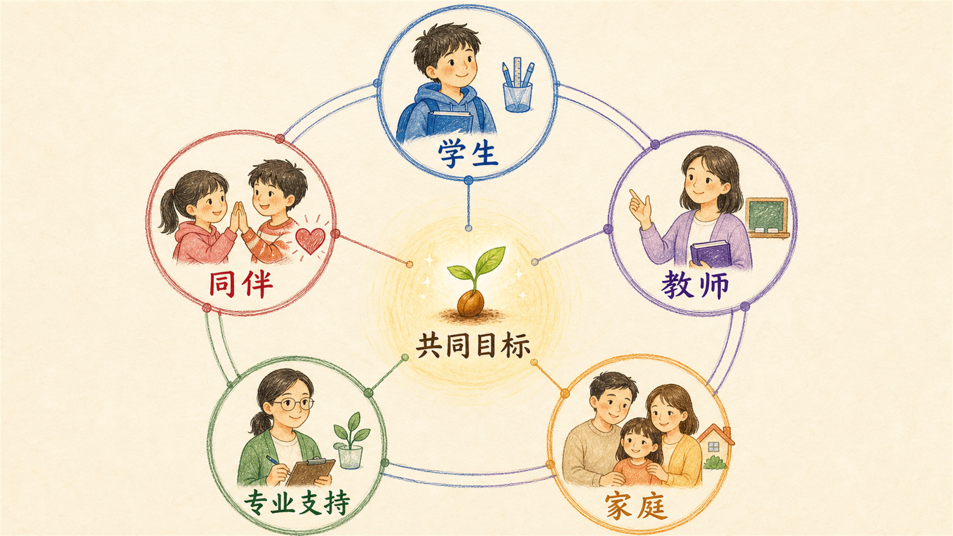 学生、教师、家庭、专业支持与同伴围绕共同目标协作的支持网络