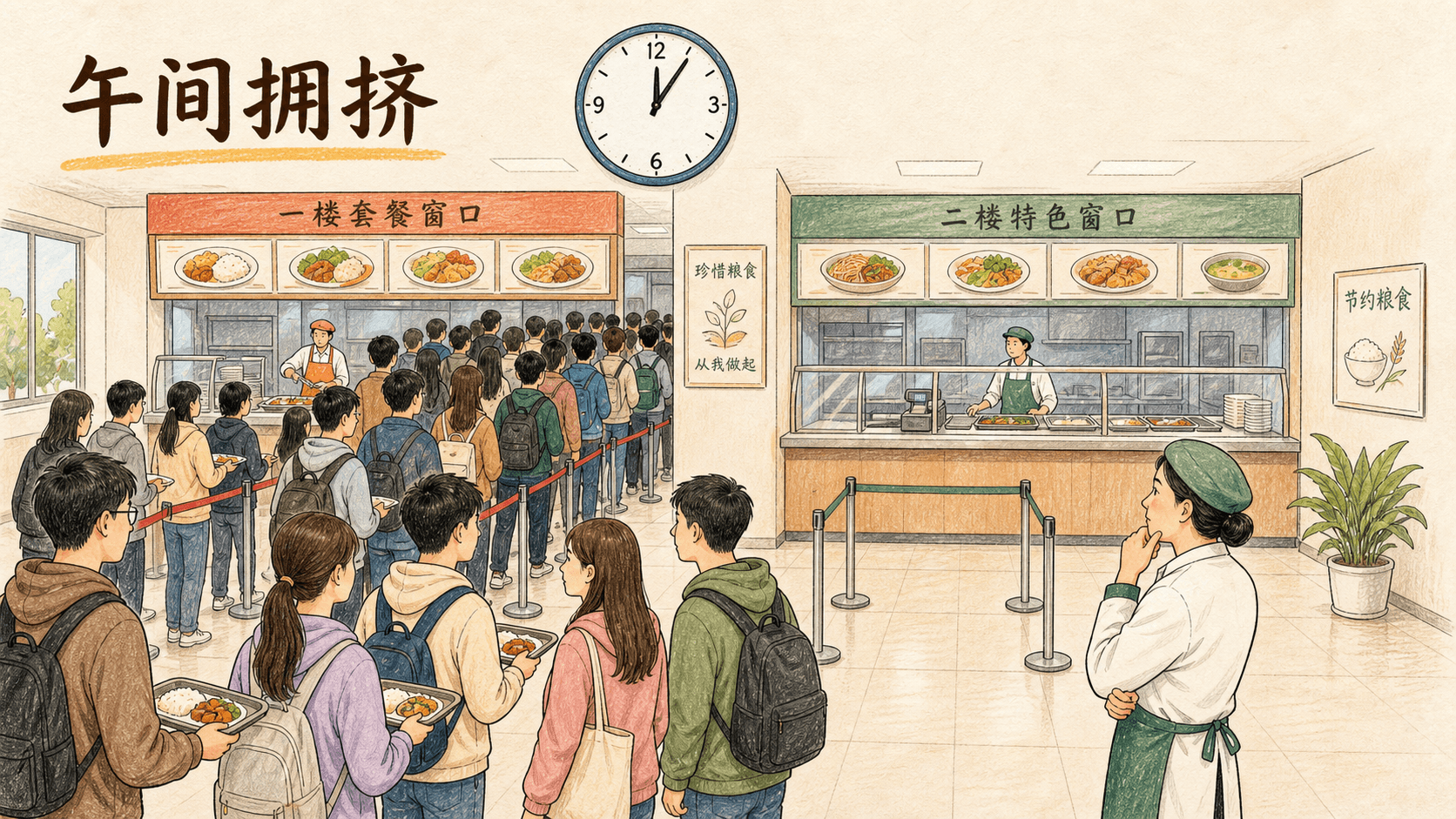 课程插图:章节开场:傍晚校园食堂排队与错峰取餐提示牌,呈现日常判断如何成为经济问题