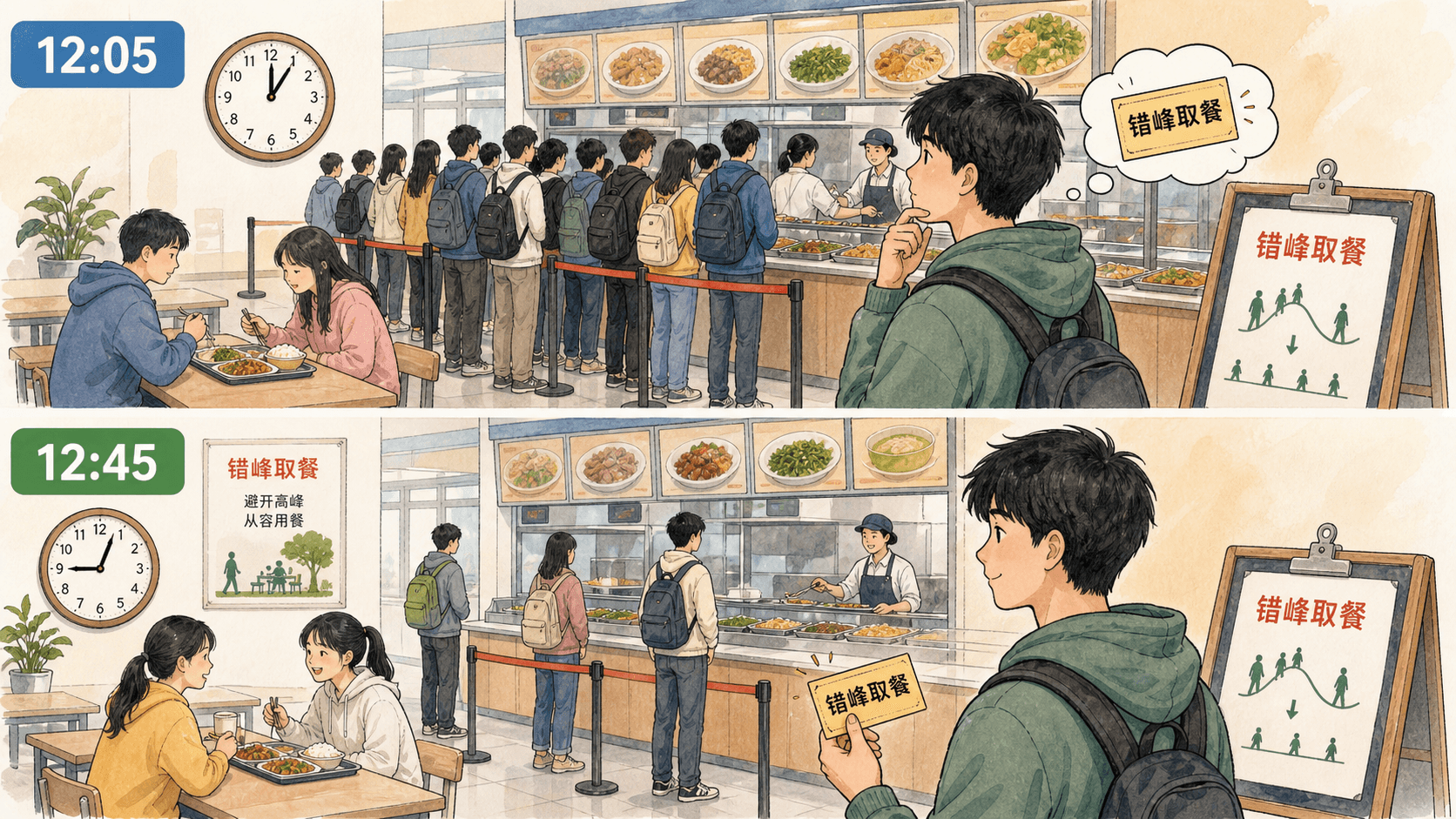 课程插图:正经济学与价值判断的分岔图:从同一张错峰取餐券出发,分别通向“会发生什么”和“应优先什么”