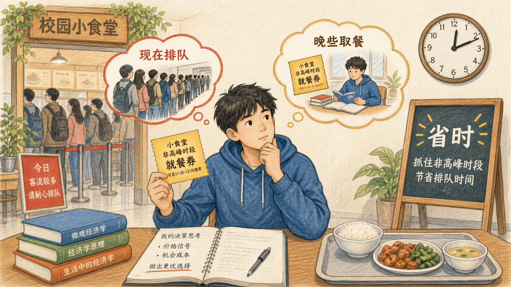 课程插图:从日常抱怨到可检验命题的流程图:观察排队、界定变量、提出机制、设定比较、准备反例