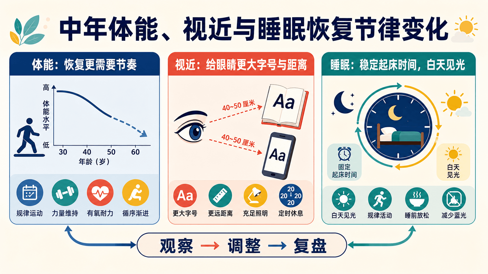 中年体能、视近与睡眠恢复节律变化图