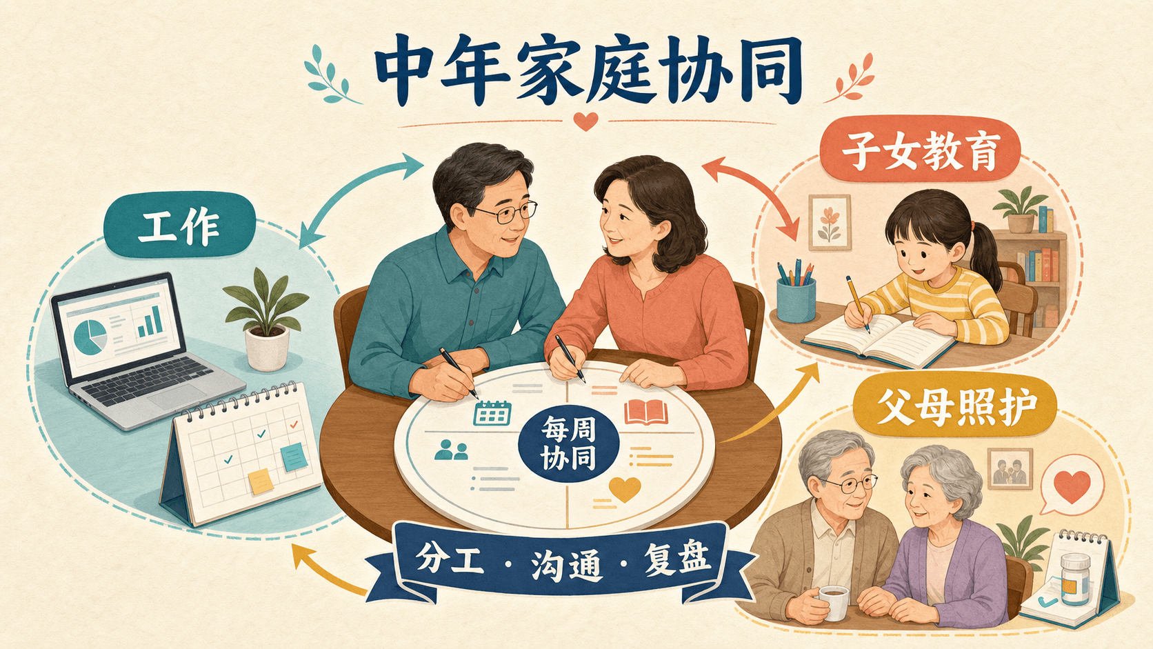 中年家庭、工作、子女教育与父母照护协同图