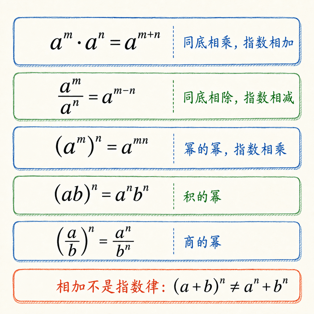手绘彩色整数指数律信息图,展示同底幂乘除、幂的幂、积与商的幂,并提醒相加不适用指数律