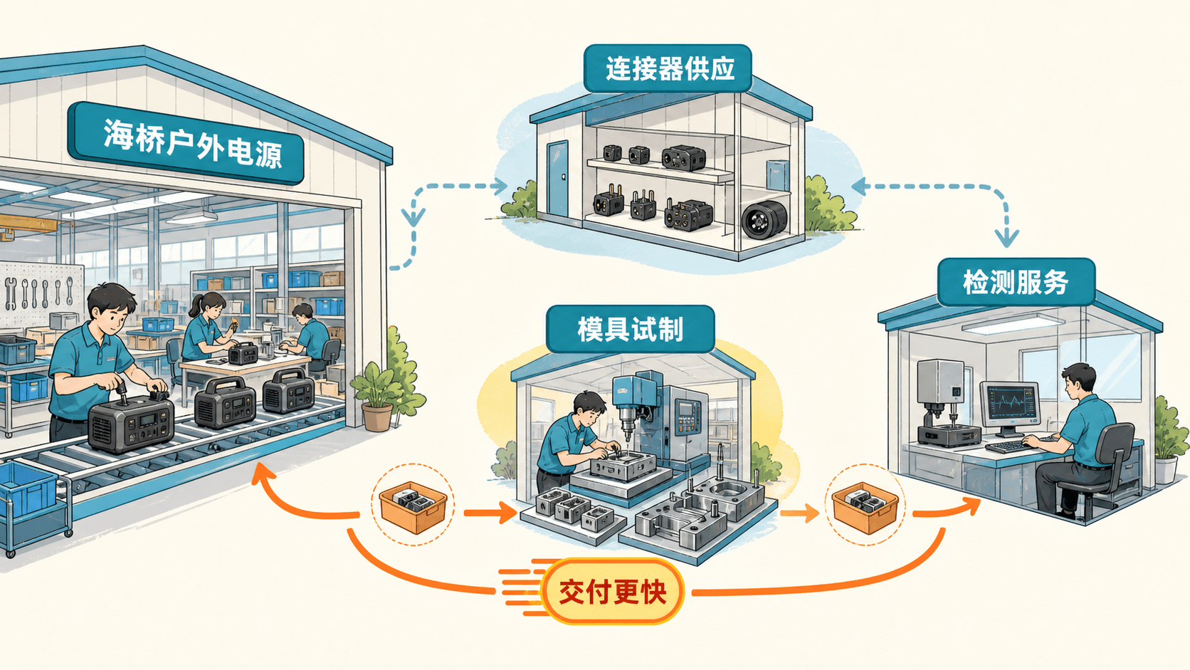 海桥市企业从远距离订购专用零件转为就近获得模具、检测与零部件服务的彩色手绘线稿