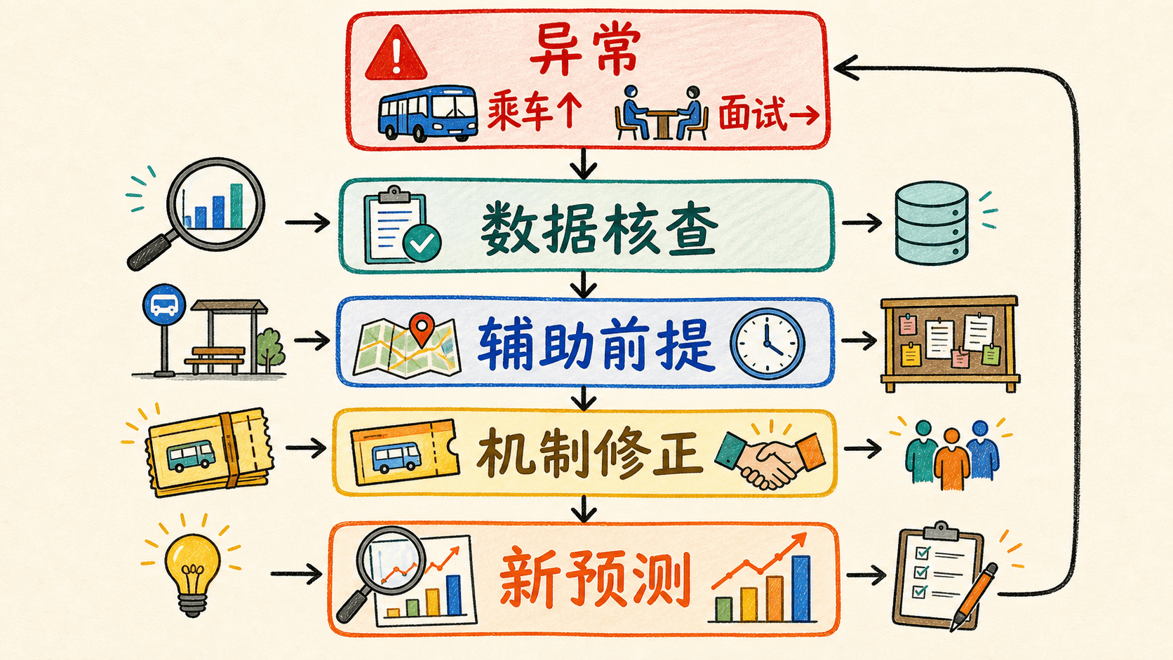 课程插图:置于异常诊断后,采用决策树呈现“数据核查—辅助前提—机制修正—新预测”的迭代路径