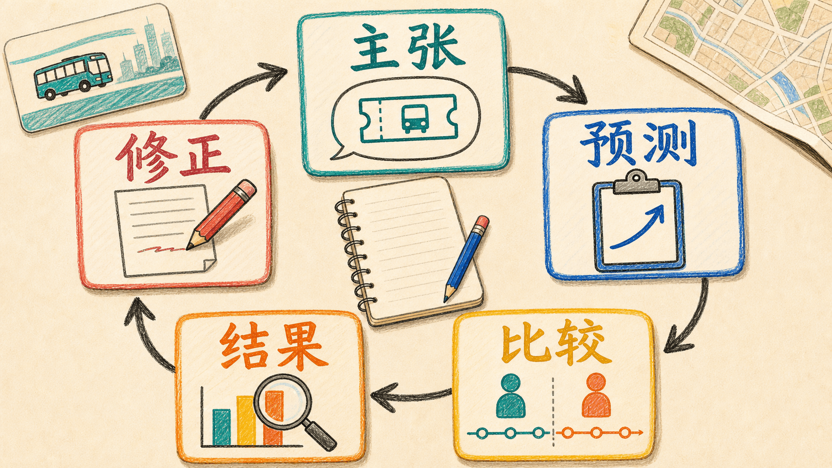 课程插图:置于检验流程后,以研究者工作台或清单信息图归纳“主张—预测—比较—结果—修正”的循环