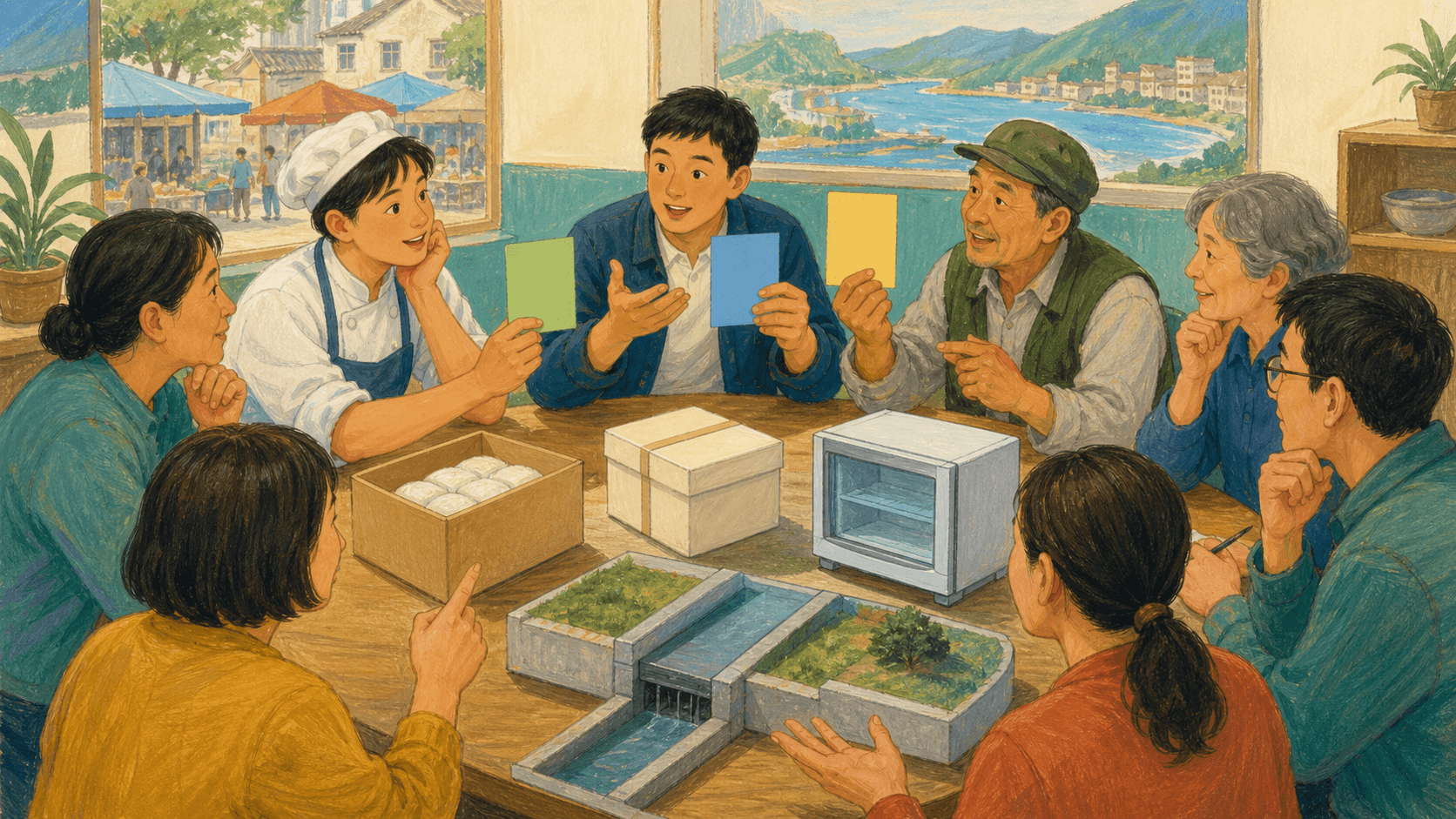 社区管理委员会与摊主、烘焙者围坐讨论冷链和排水维修的筹资方案