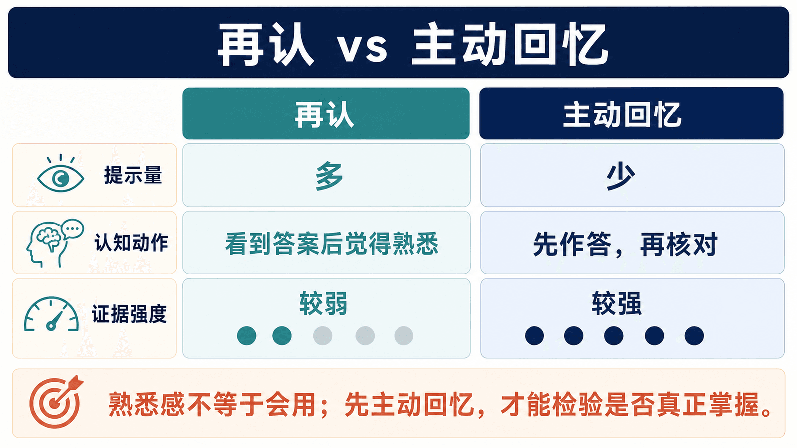 再认与主动回忆在提示量、认知动作和证据强度上的对照