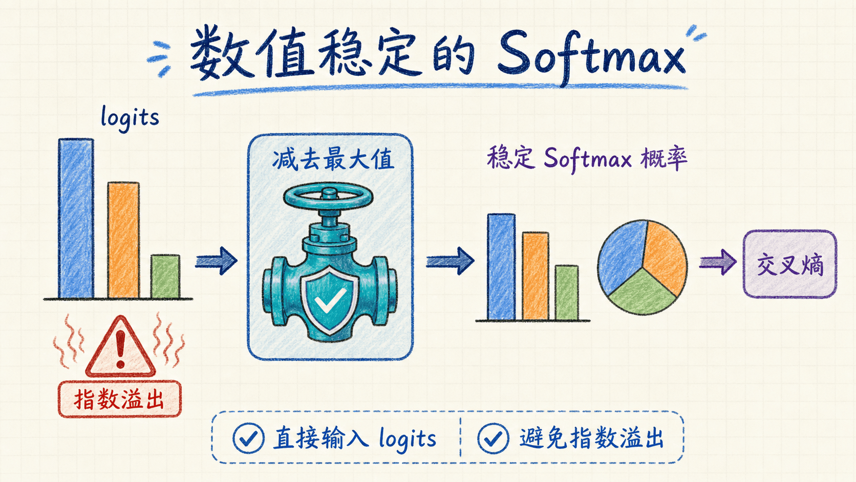 从 logits 到稳定 Softmax 与交叉熵的计算路径
