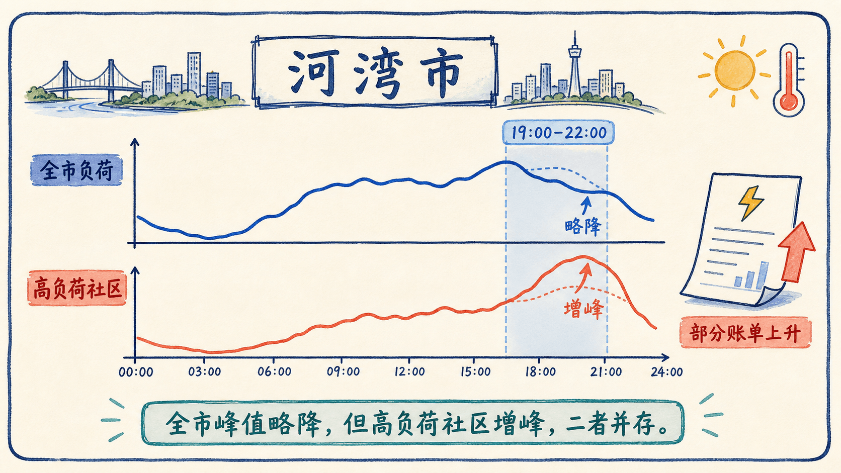 课程插图:开篇:河湾市试点首月的两条负荷曲线,突出“全市略降”与“部分社区增峰”的反常并存,置于现象表格之后