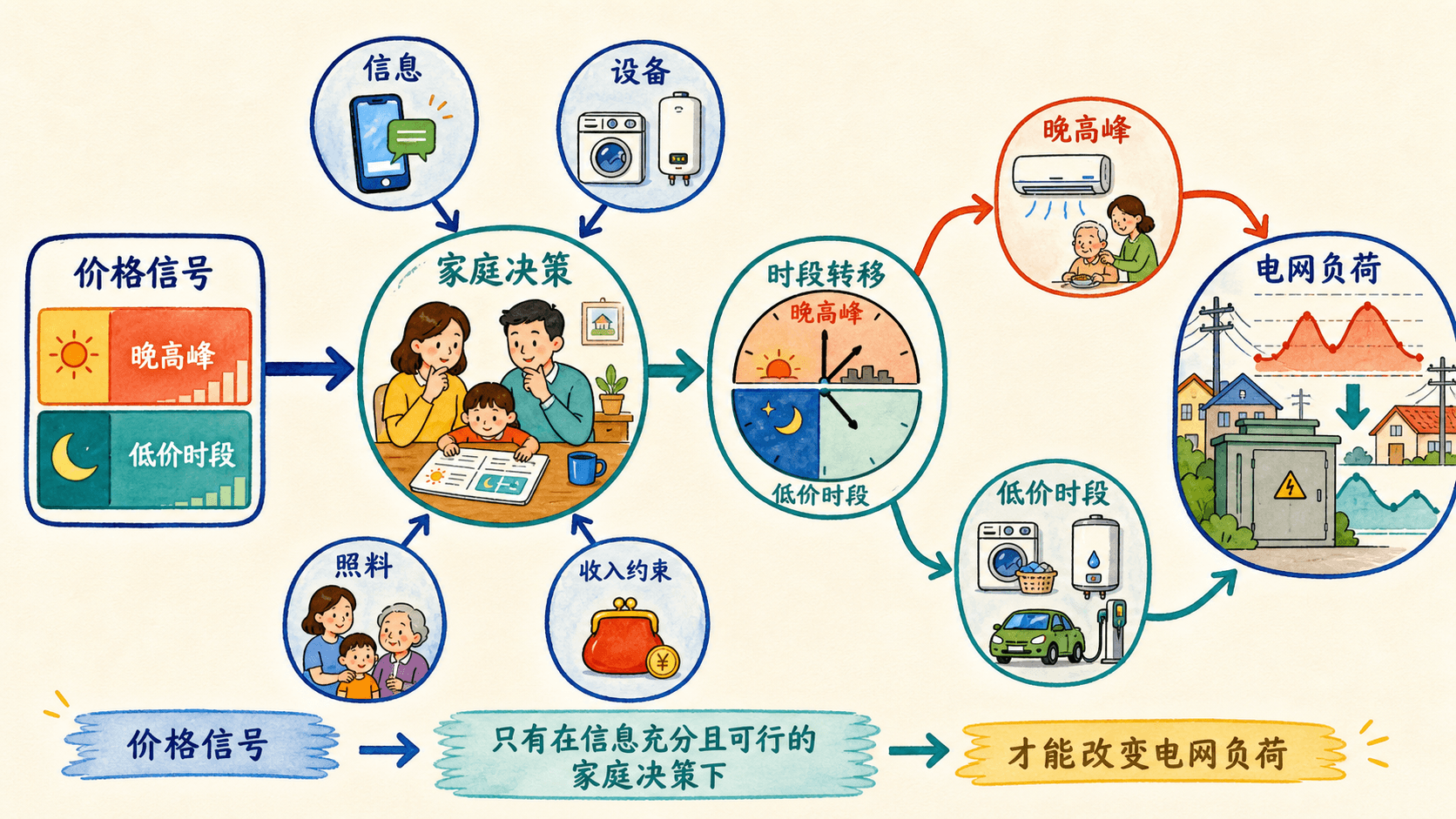 课程插图:中段:把“价格信号—家庭决策—时段转移—电网负荷”画成机制链,并标出信息、设备、照料责任和收入约束的切入点