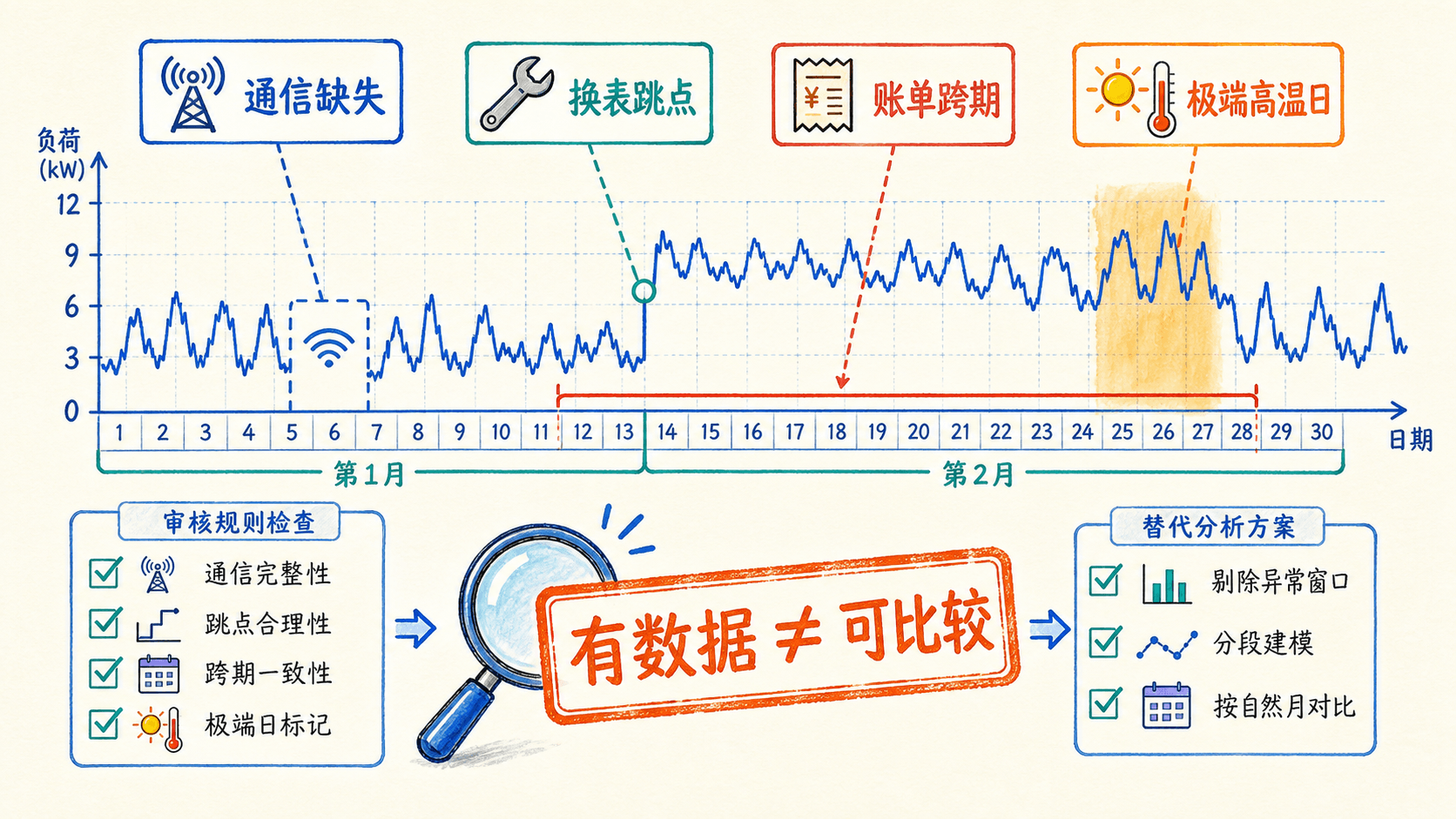 课程插图:数据审计示意:一条电表时间序列标出通信缺失、换表跳点、账单跨期和极端高温日,说明“有数据”不等于“可比较”