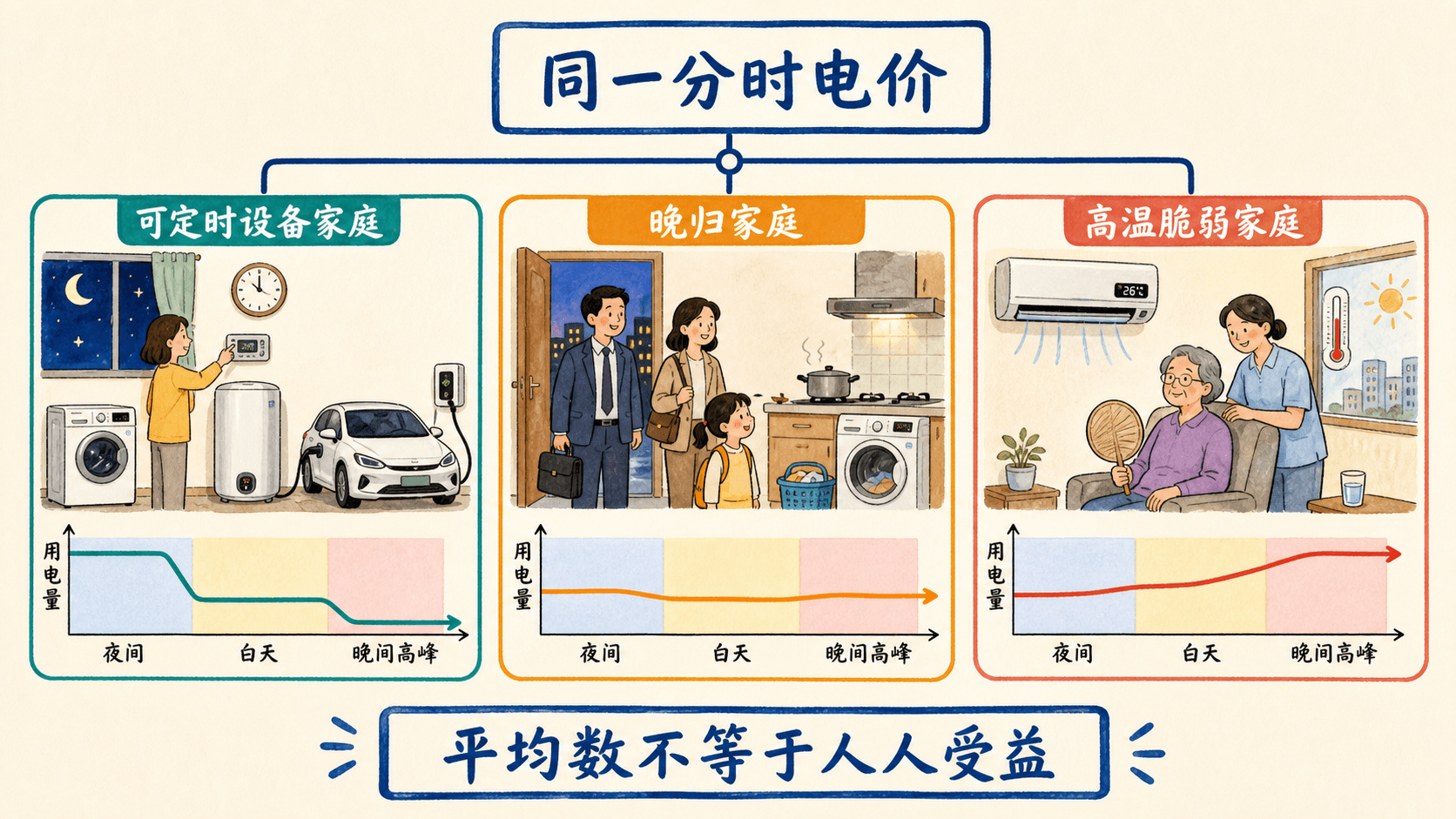 课程插图:异质性结果图:同一政策在可定时设备家庭、晚归家庭和高温脆弱家庭中的不同路径,避免把平均效果画成统一收益