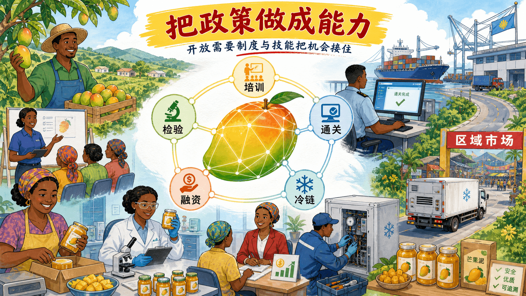彩色手绘线稿以培训、检验、通关、融资和冷链组成能力网络,说明开放机会需要制度与技能承接