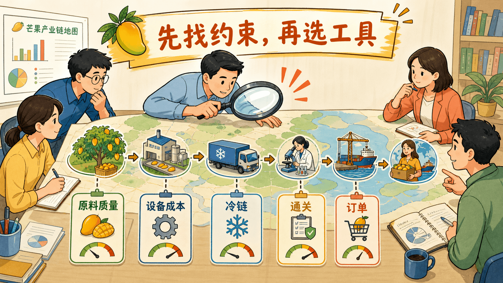 彩色手绘线稿绘出芒果产业链的原料质量、设备成本、冷链、通关和订单约束,强调先诊断再选择工具