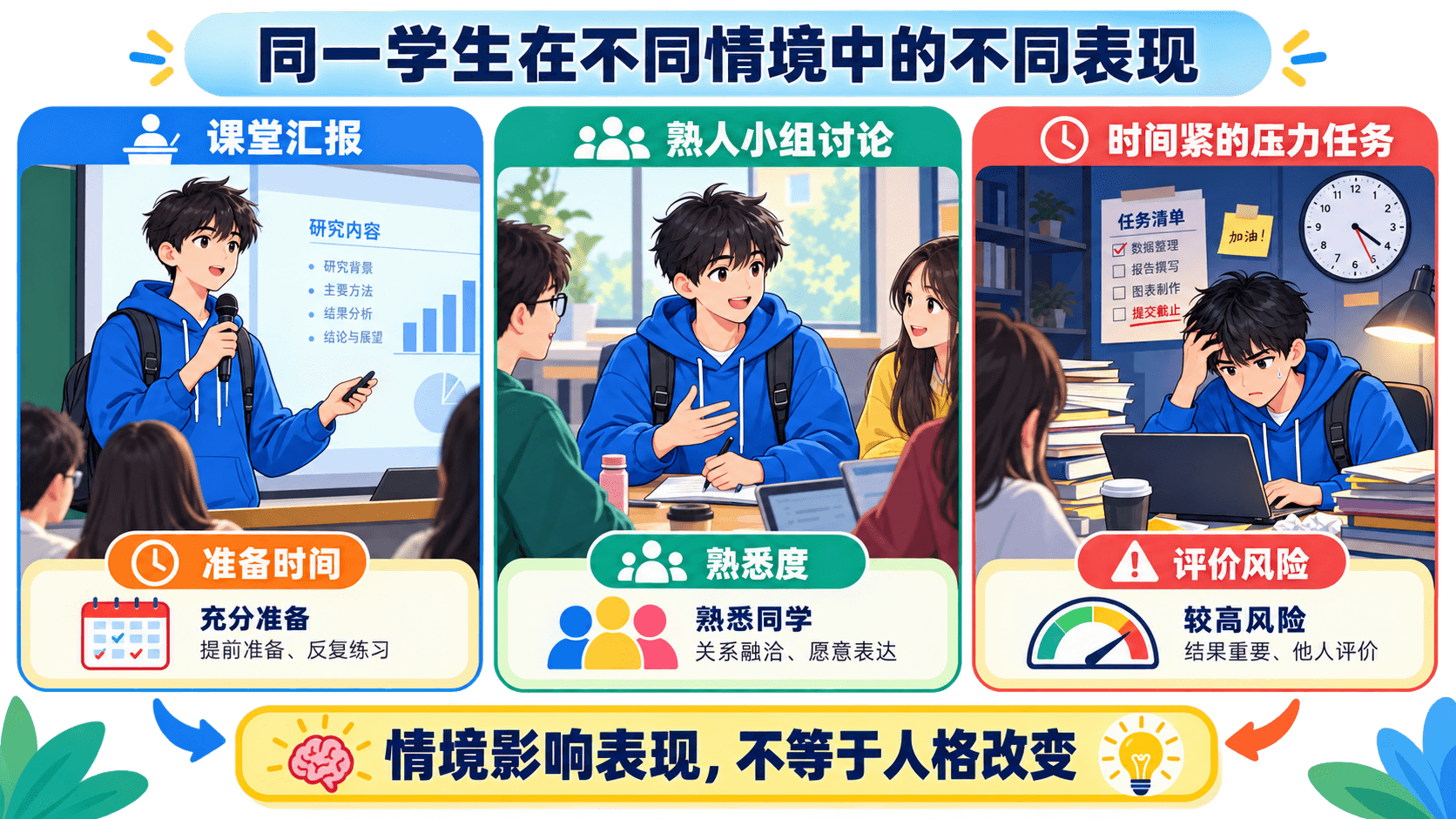 同一学生在课堂汇报、熟人讨论与压力任务中出现不同表现,说明行为受情境影响