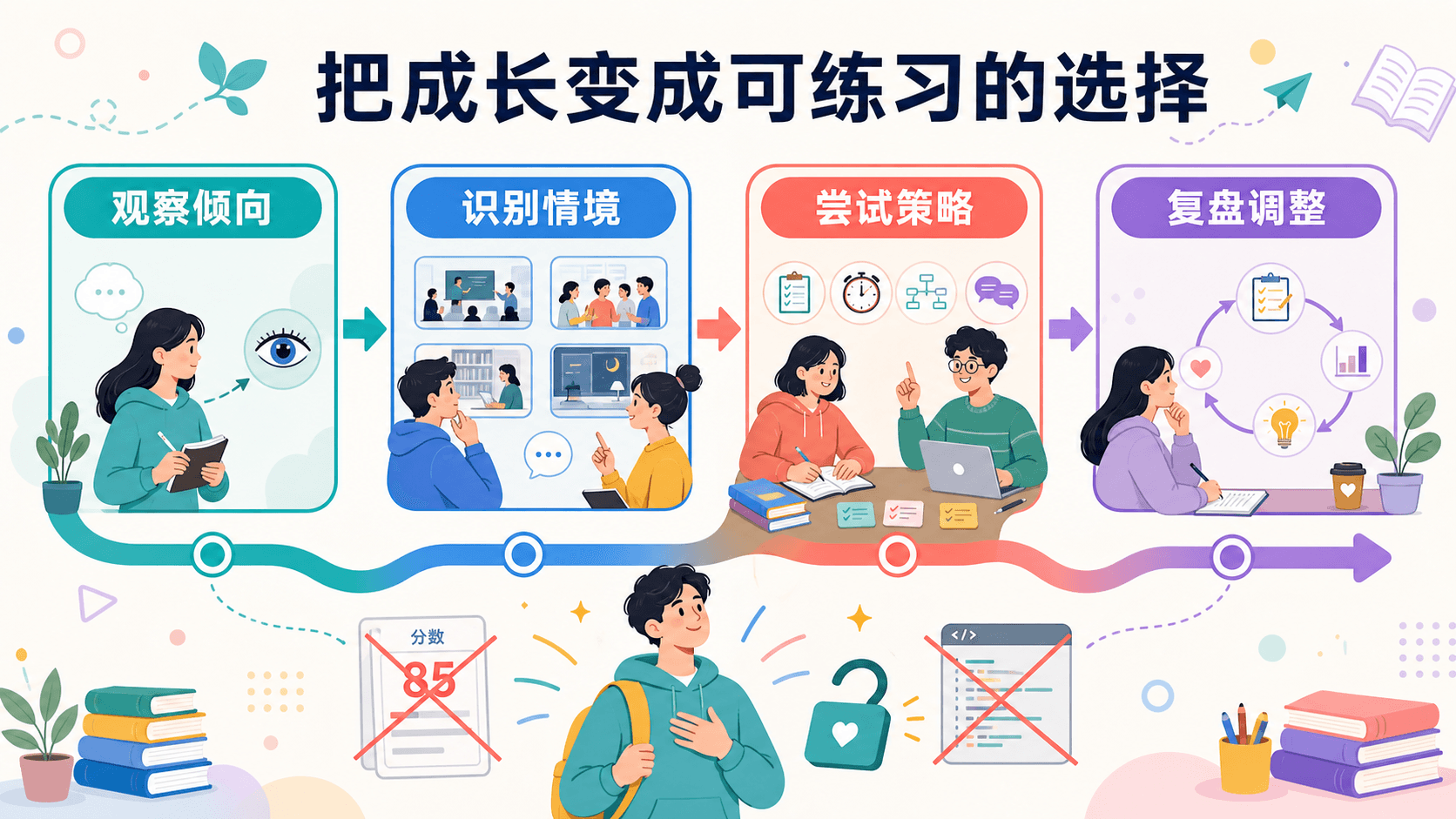 成长路径:观察倾向、识别情境、尝试策略与复盘调整,保留差异也增加选择