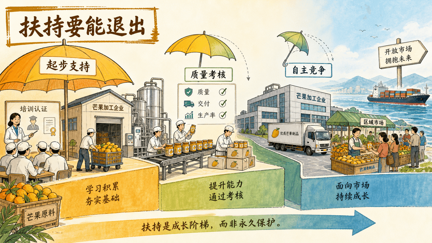 彩色手绘线稿以培训认证、质量考核和自主竞争的递进阶梯说明产业扶持需要明确退出机制