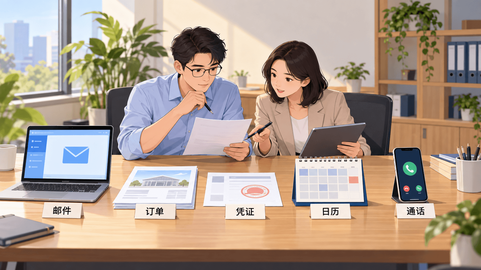 周宁与林岚共同核对邮件、订单、日历和付款凭证,重点是用多源资料核验事实而非判断表情