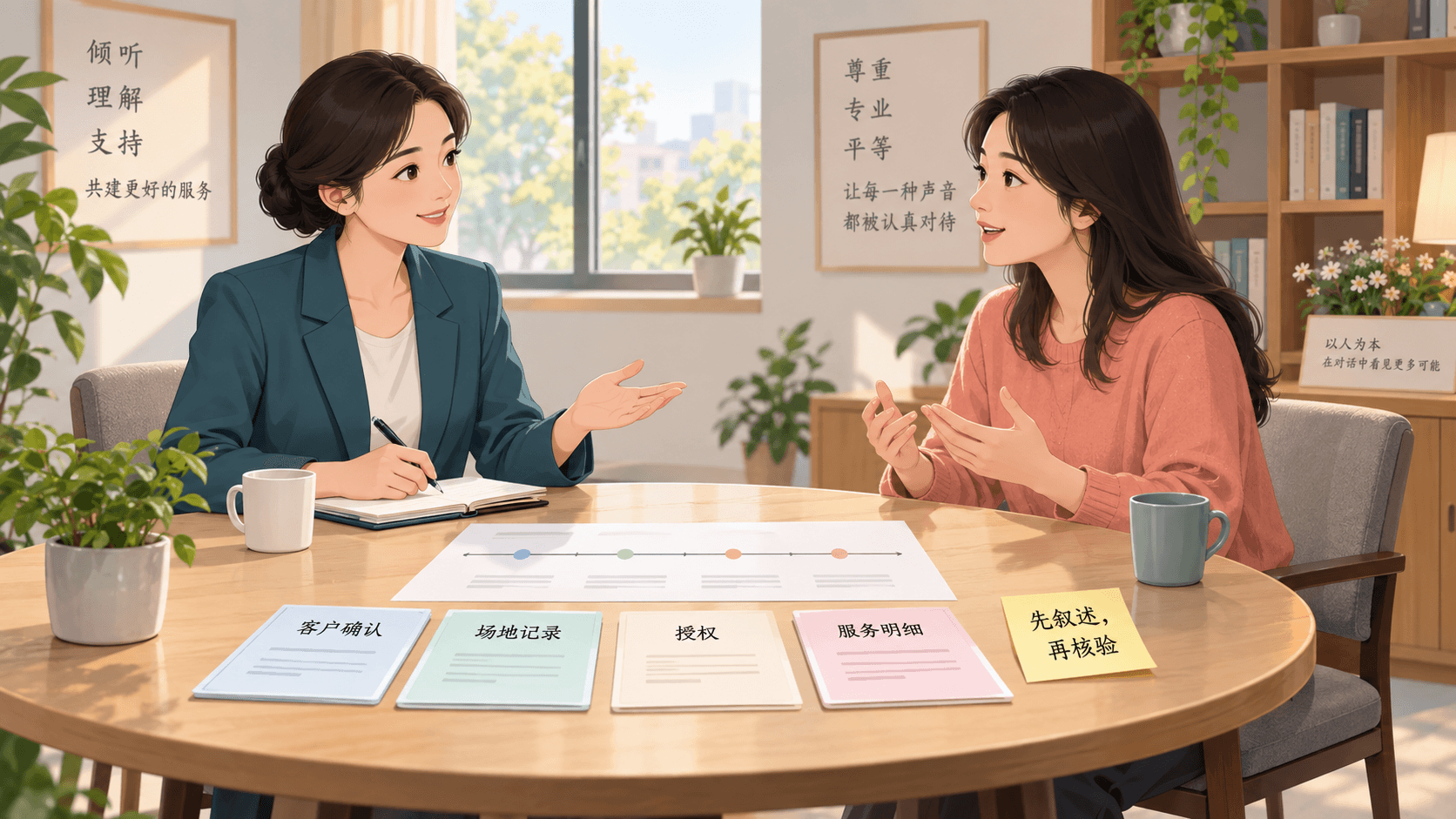 周宁以开放姿态访谈林岚,桌面时间线和客户确认、场地记录、授权与服务明细共同支持中性核验