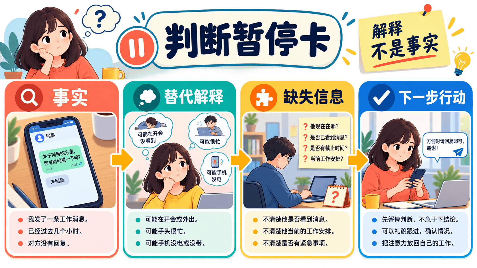 判断暂停卡:事实、替代解释、缺失信息与下一步行动