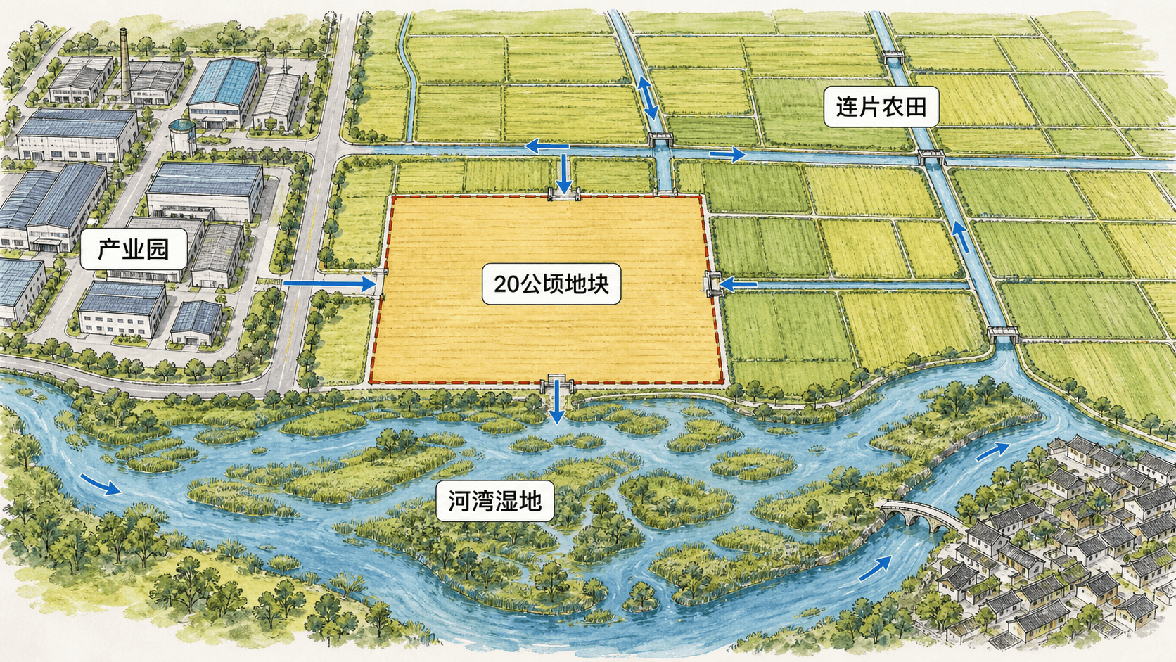 东湾二十公顷争议地块与产业园、连片农田、河湾湿地和下游村镇的空间关系示意