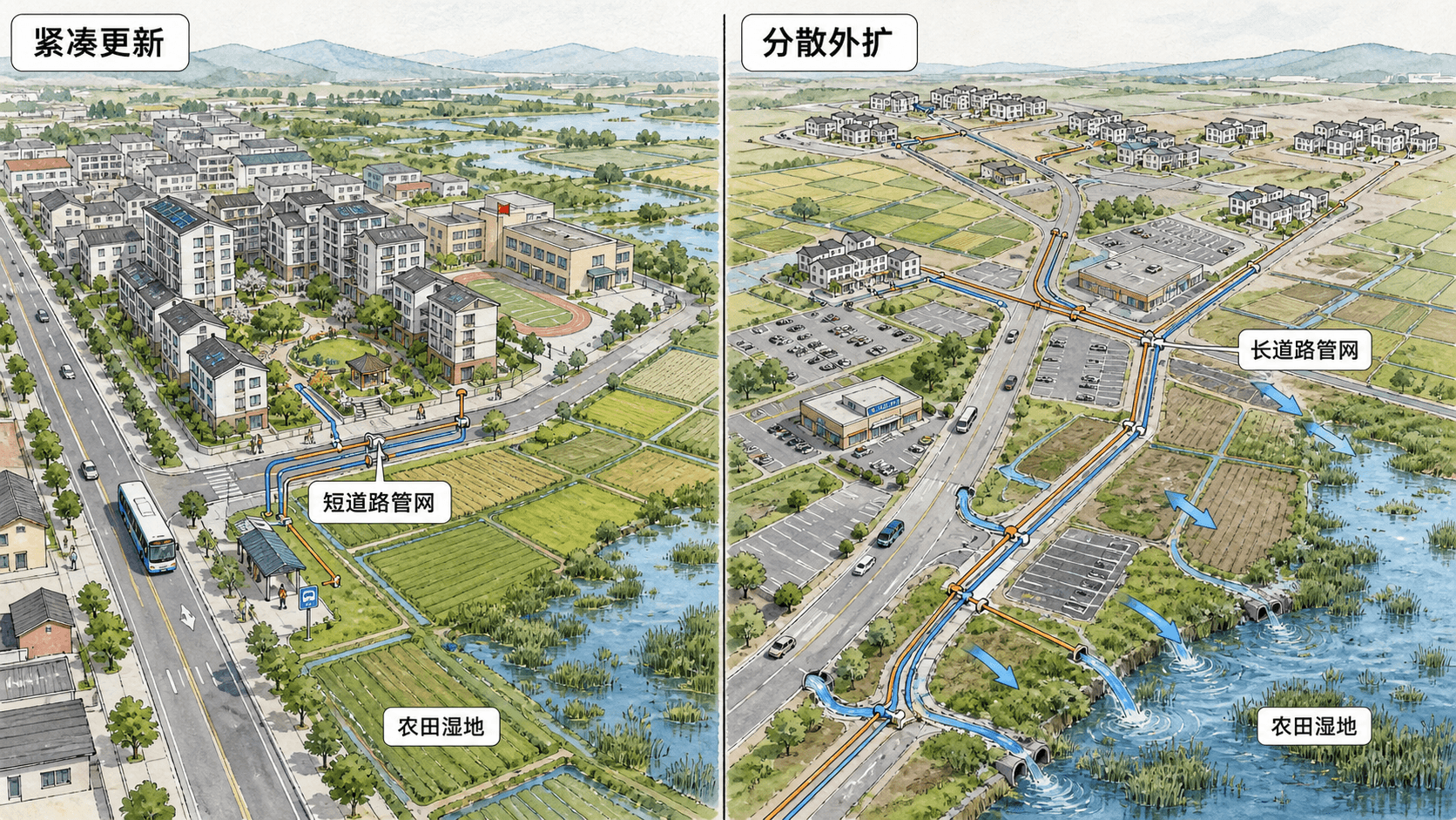 紧凑更新和分散外扩在道路管网长度、农田湿地完整性与径流上的对比