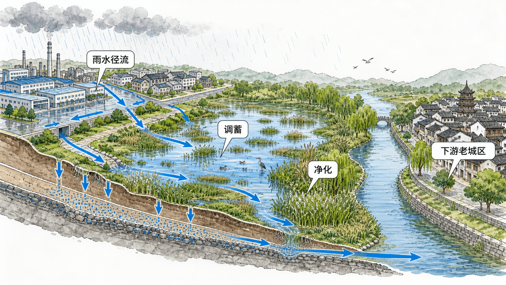 雨水从产业园和城镇流入河湾湿地，湿地调蓄净化并保护下游老城区