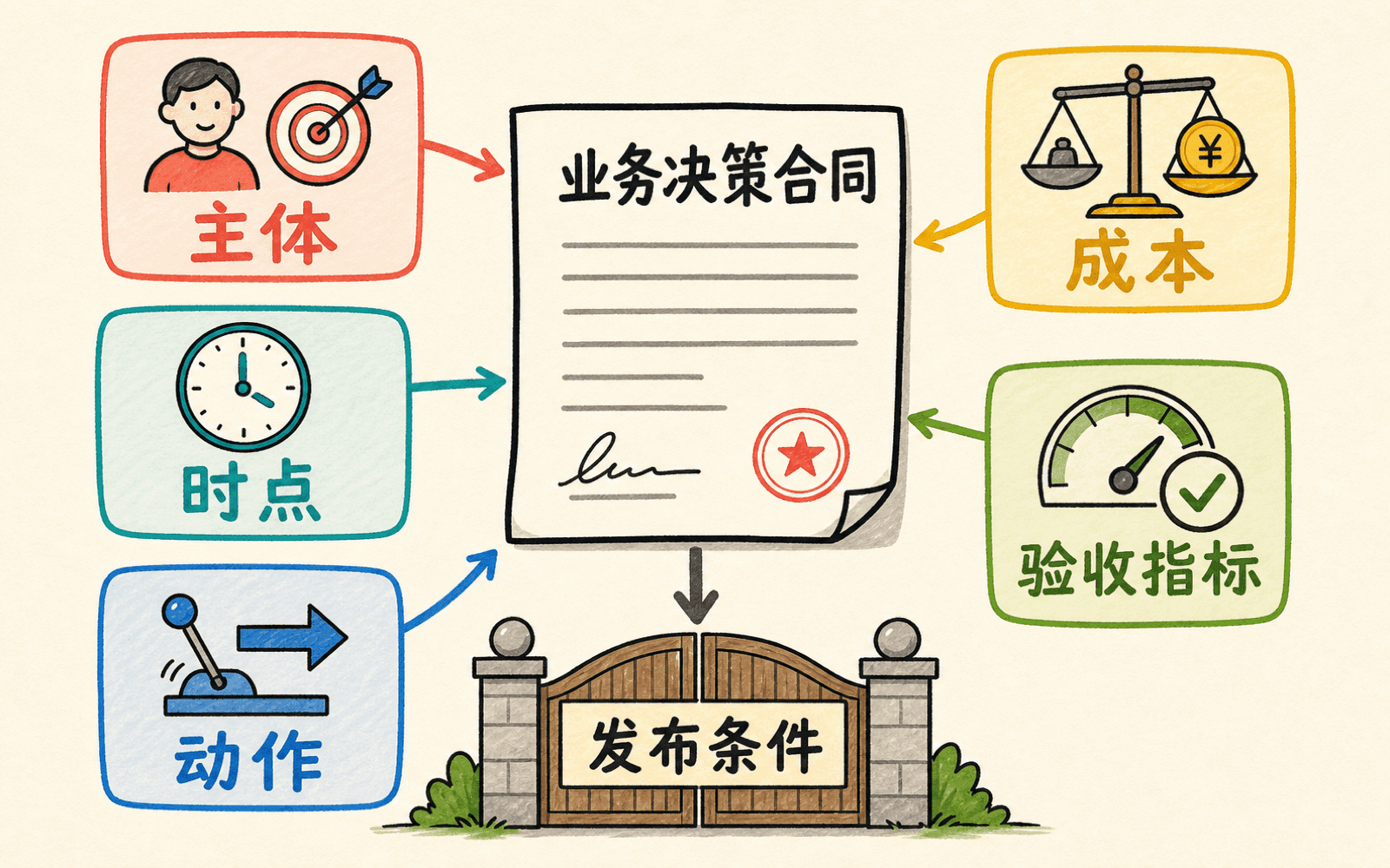 业务决策合同连接主体、时点、动作、成本、验收指标与发布条件