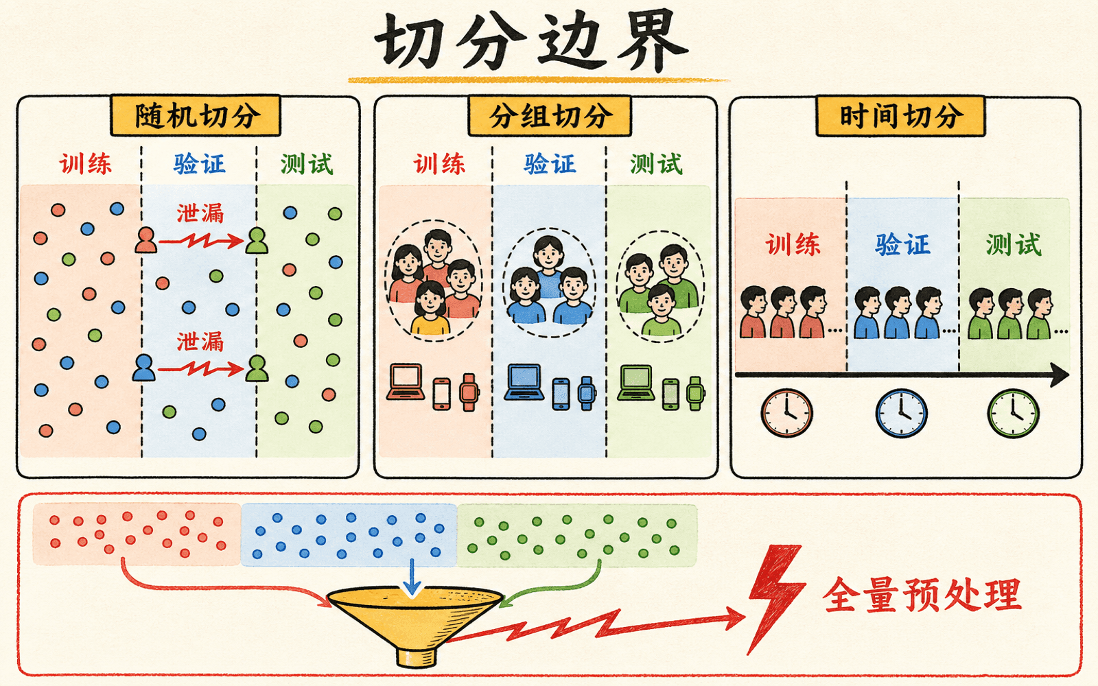 随机切分、按实体分组与按时间切分的边界及常见数据泄漏通道