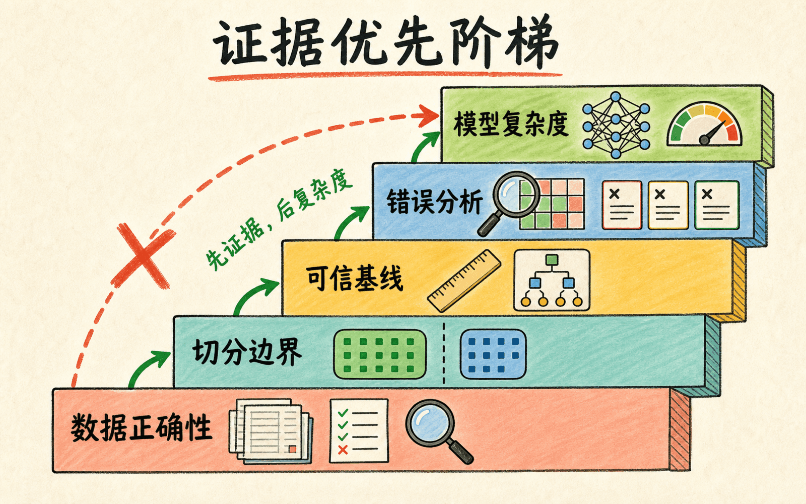 从数据正确性、切分、基线和错误分析到模型复杂度的证据优先阶梯