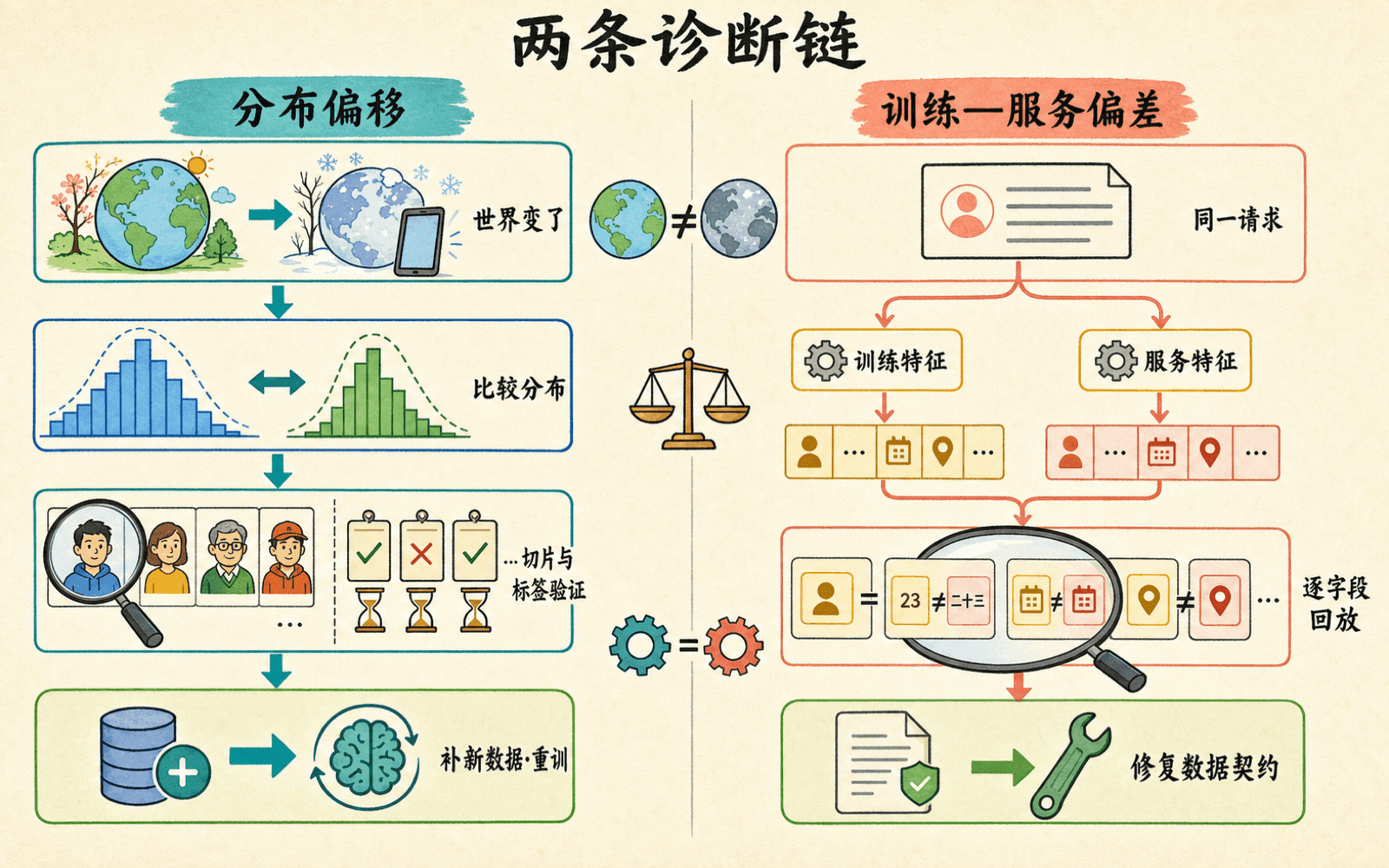 数据分布偏移与训练服务偏差的两条不同诊断链