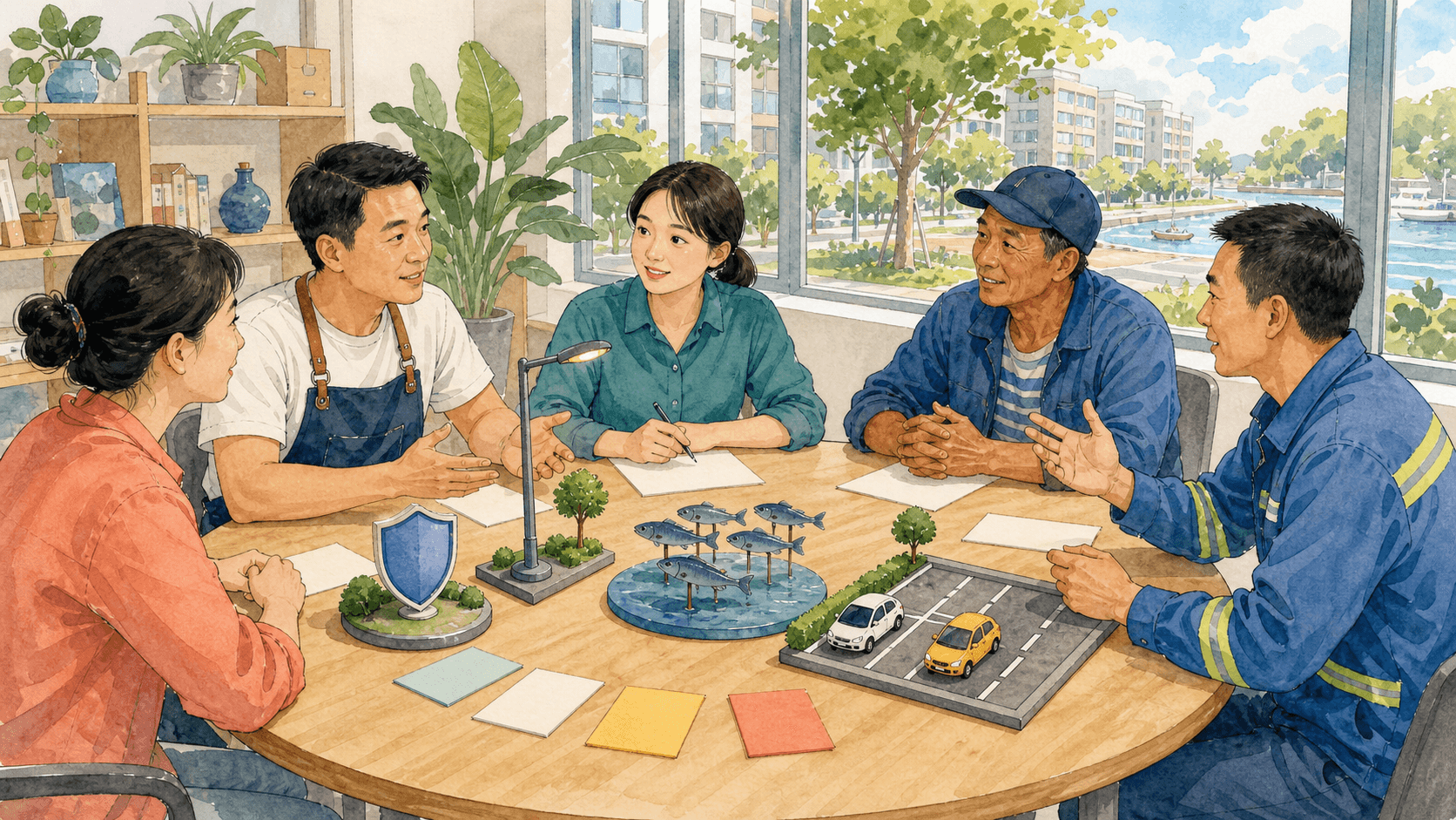 邻里集决策会上,不同群体围着预算卡片讨论安保、路灯、河流和停车管理