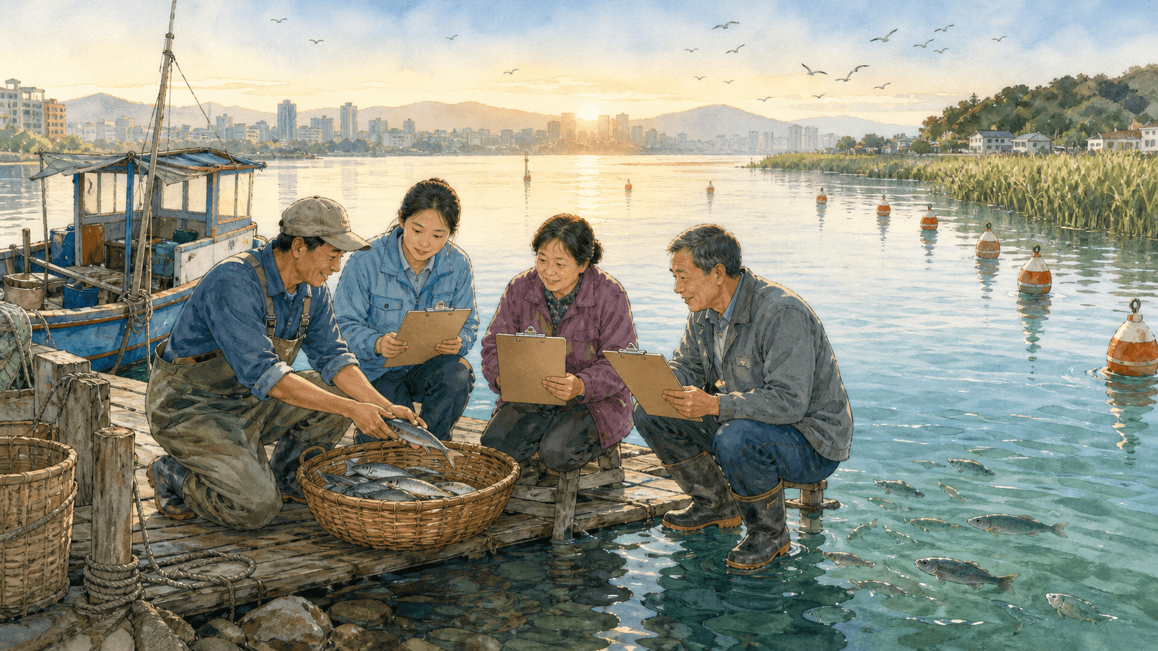 渔民、监测员和居民在河湾码头共同记录鱼获并观察河流