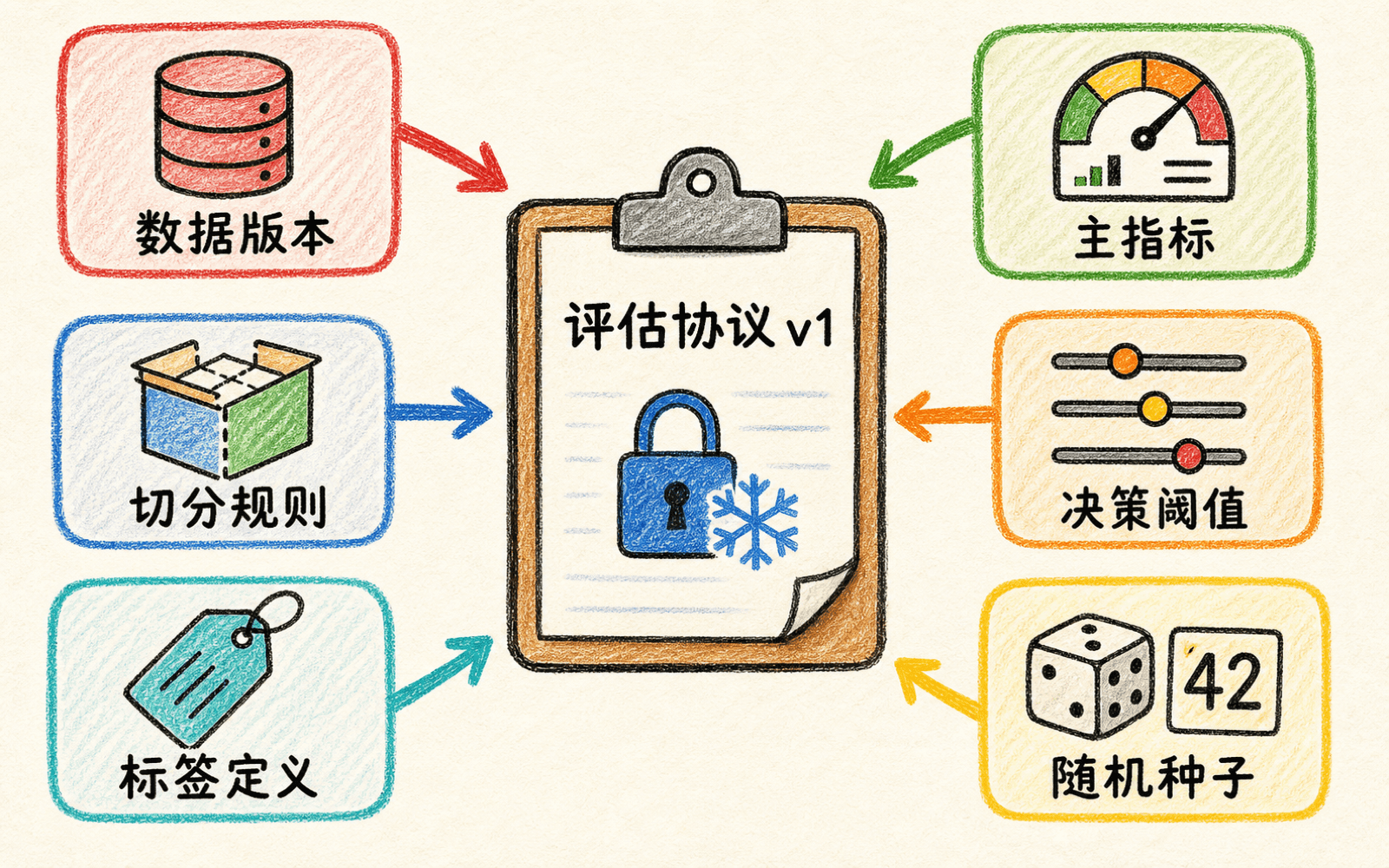 冻结数据版本、切分、标签、指标、阈值和随机种子的评估协议