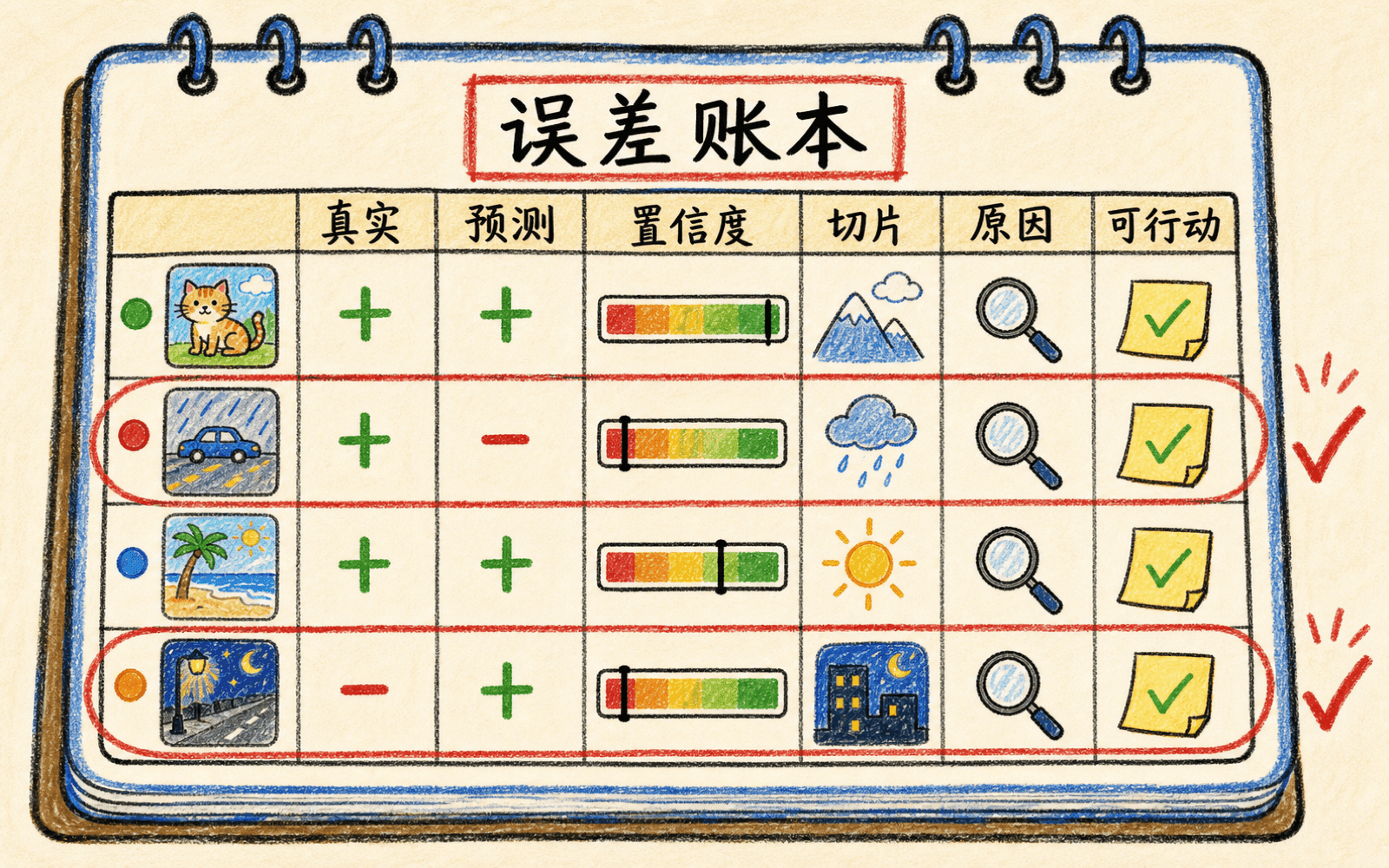 记录真实标签、预测、置信度、切片、原因与行动的逐样本误差账本