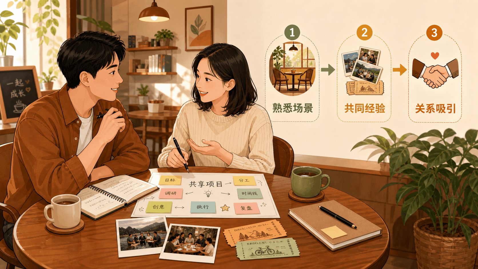 共同项目伙伴在熟悉场景中自然交谈,体现接近、熟悉与共同经验如何促进关系吸引