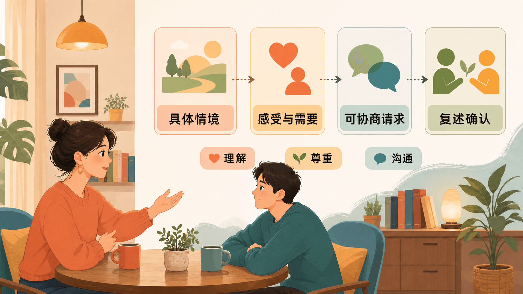 一人专注倾听、另一人平静表达的双人对话场景,突出理解、尊重与有效沟通
