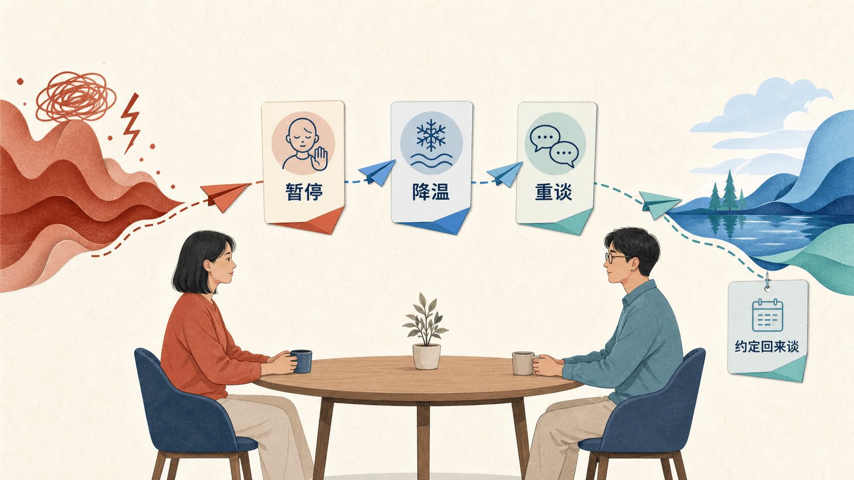 两位伙伴在对话暂停后平静相对并开启修复,表现暂停、倾听与和解的过程