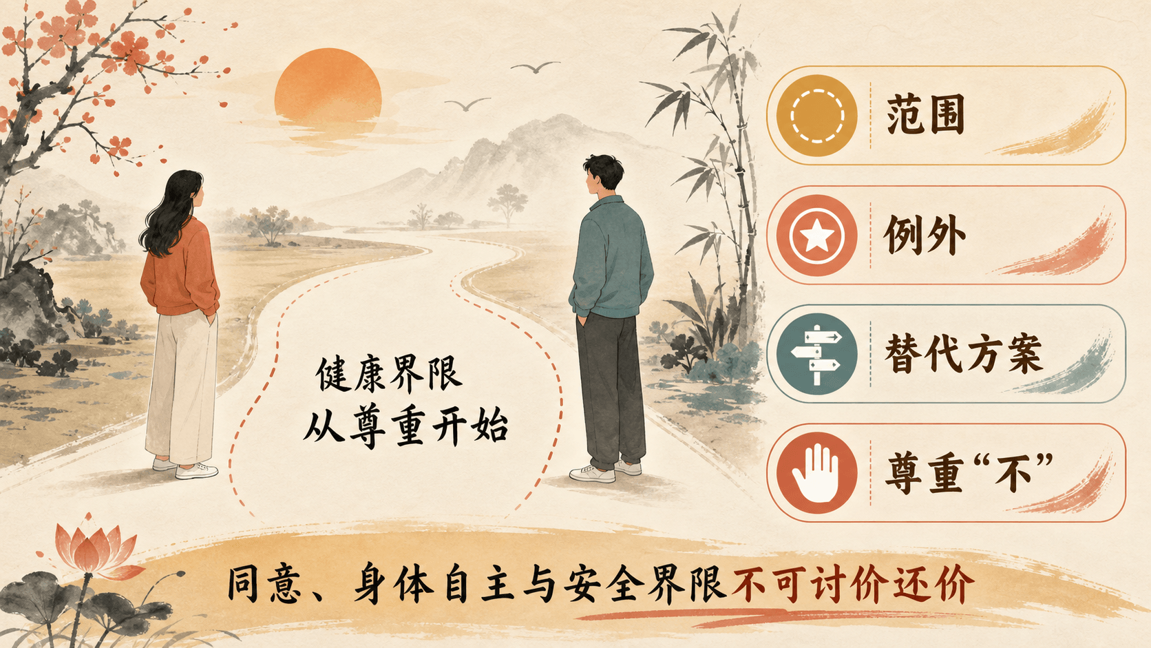 两人隔着留白小径相望,象征在亲密关系中尊重彼此空间的温暖边界
